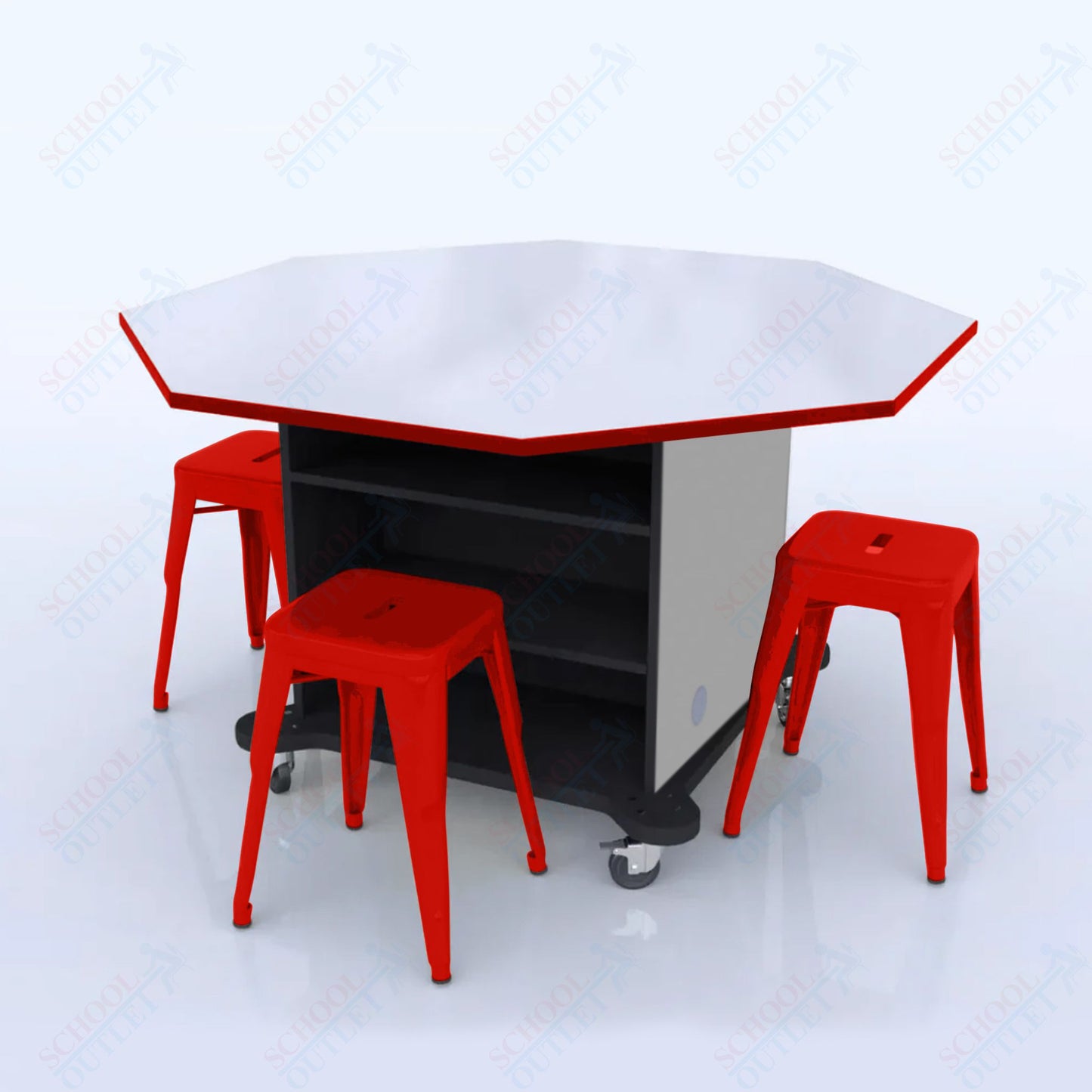 CEF Creation Cube Double-Sided Storage Table - 34"H, White Dry Erase Octagon Top, High-Pressure Laminate Base and 4 Metal Stools Included