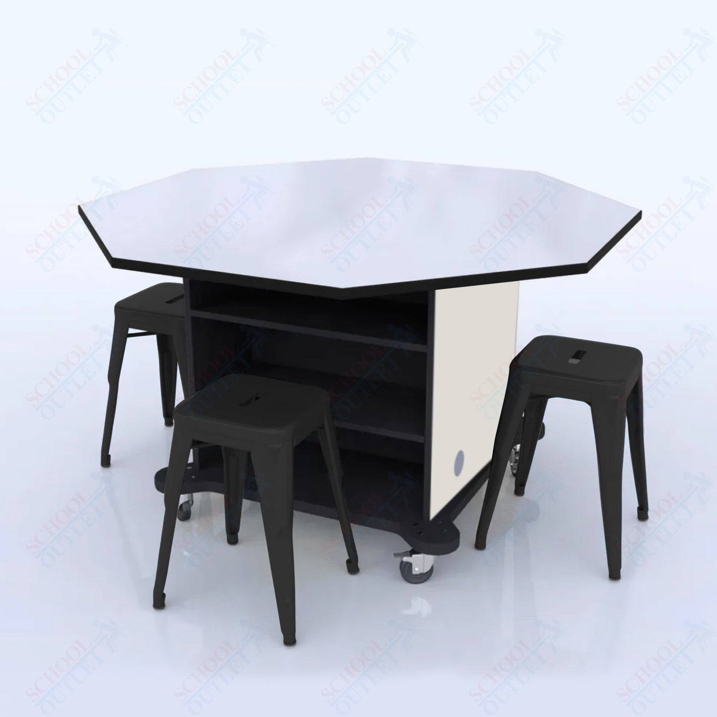 CEF Creation Cube Double-Sided Storage Table - 34"H, White Dry Erase Octagon Top, High-Pressure Laminate Base and 4 Metal Stools Included
