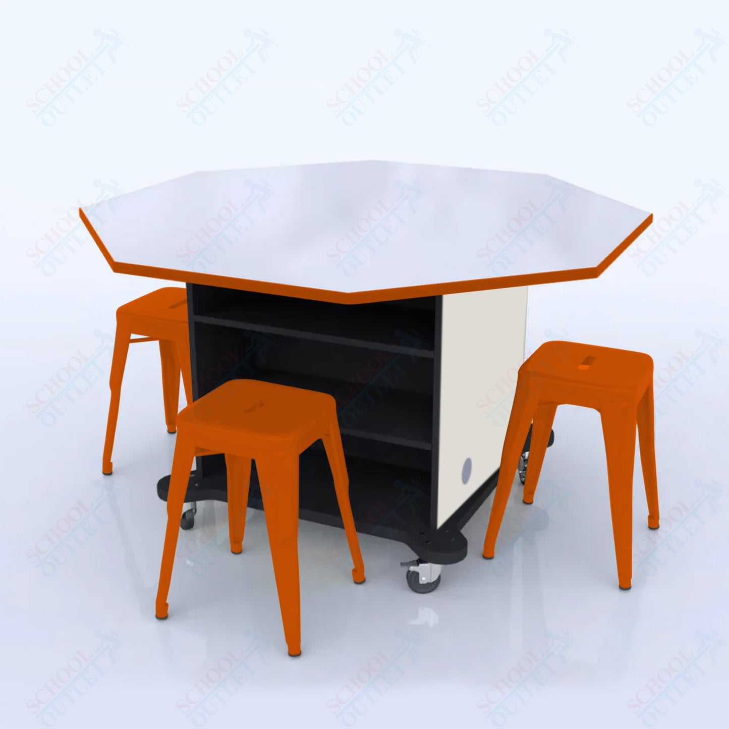 CEF Creation Cube Double-Sided Storage Table - 34"H, White Dry Erase Octagon Top, High-Pressure Laminate Base and 4 Metal Stools Included