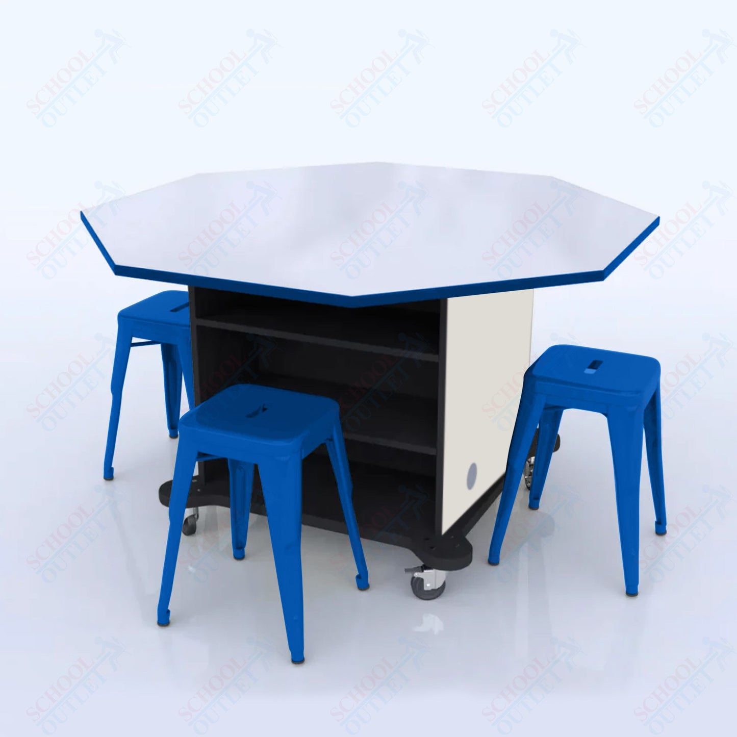 CEF Creation Cube Double-Sided Storage Table - 34"H, White Dry Erase Octagon Top, High-Pressure Laminate Base and 4 Metal Stools Included