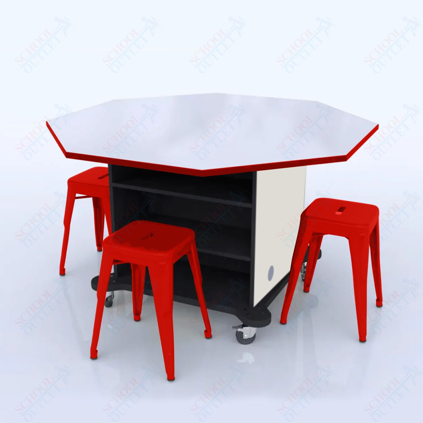 CEF Creation Cube Double-Sided Storage Table - 34"H, White Dry Erase Octagon Top, High-Pressure Laminate Base and 4 Metal Stools Included