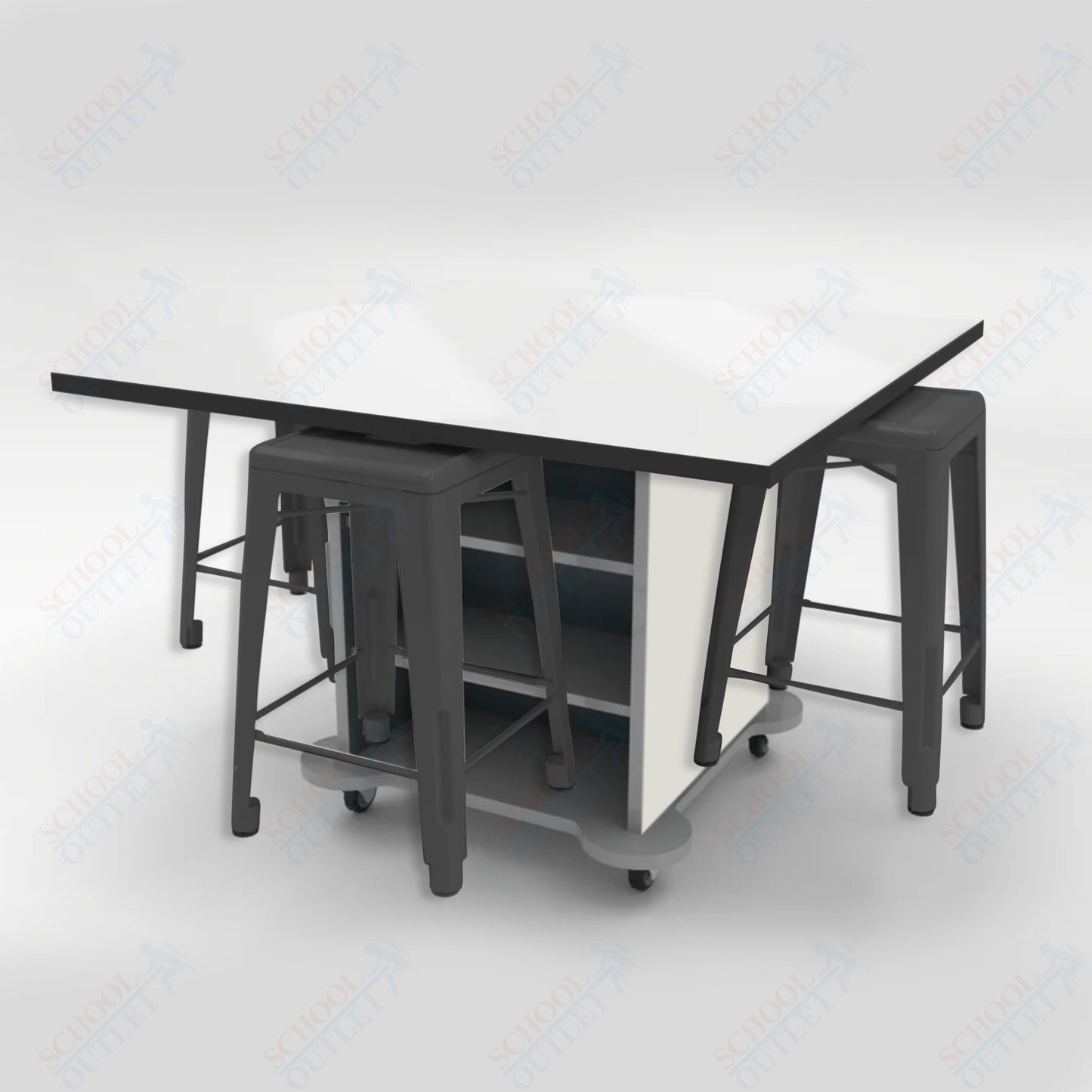 CEF Creation Cube Double-Sided Storage Table - 34"H, White Dry Erase Square Top, High-Pressure Laminate Base and 4 Metal Stools Included