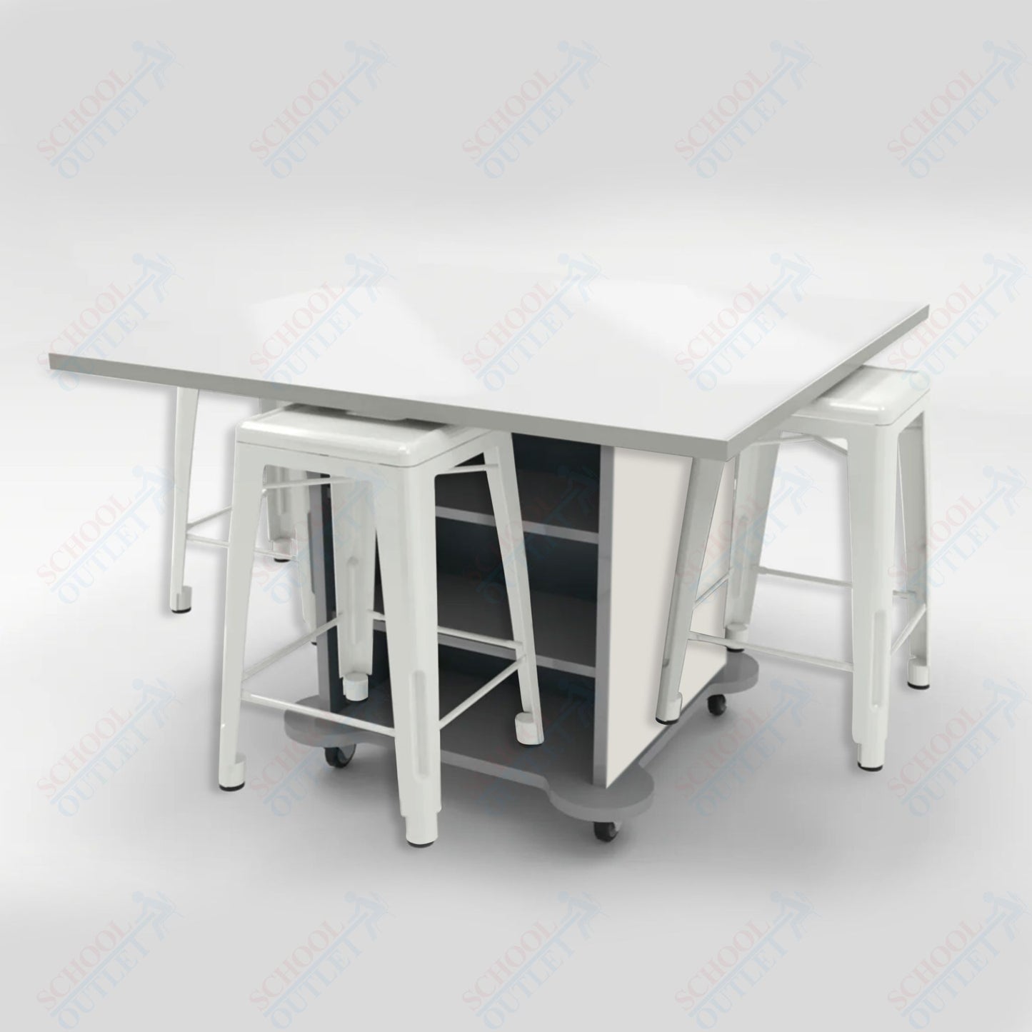 CEF Creation Cube Double-Sided Storage Table - 34"H, White Dry Erase Square Top, High-Pressure Laminate Base and 4 Metal Stools Included