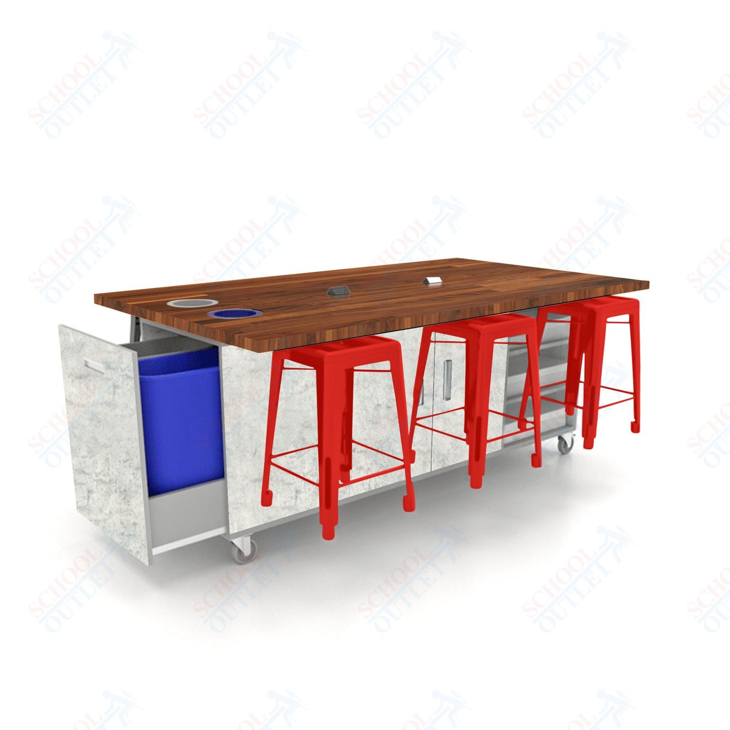 CEF ED Original Table 36"H Butcher Block Top, Laminate Base with  6 Stools, Storage Bins, Trash Bins, and Electrical Outlets Included.