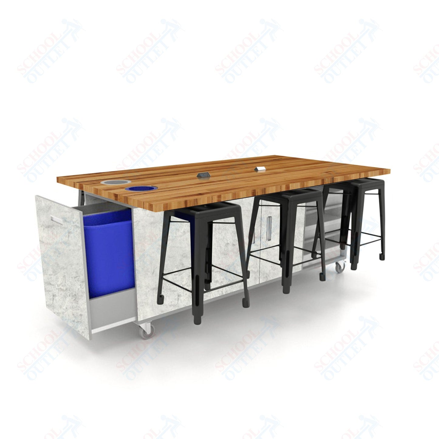 CEF ED Original Table 36"H Butcher Block Top, Laminate Base with  6 Stools, Storage Bins, Trash Bins, and Electrical Outlets Included.