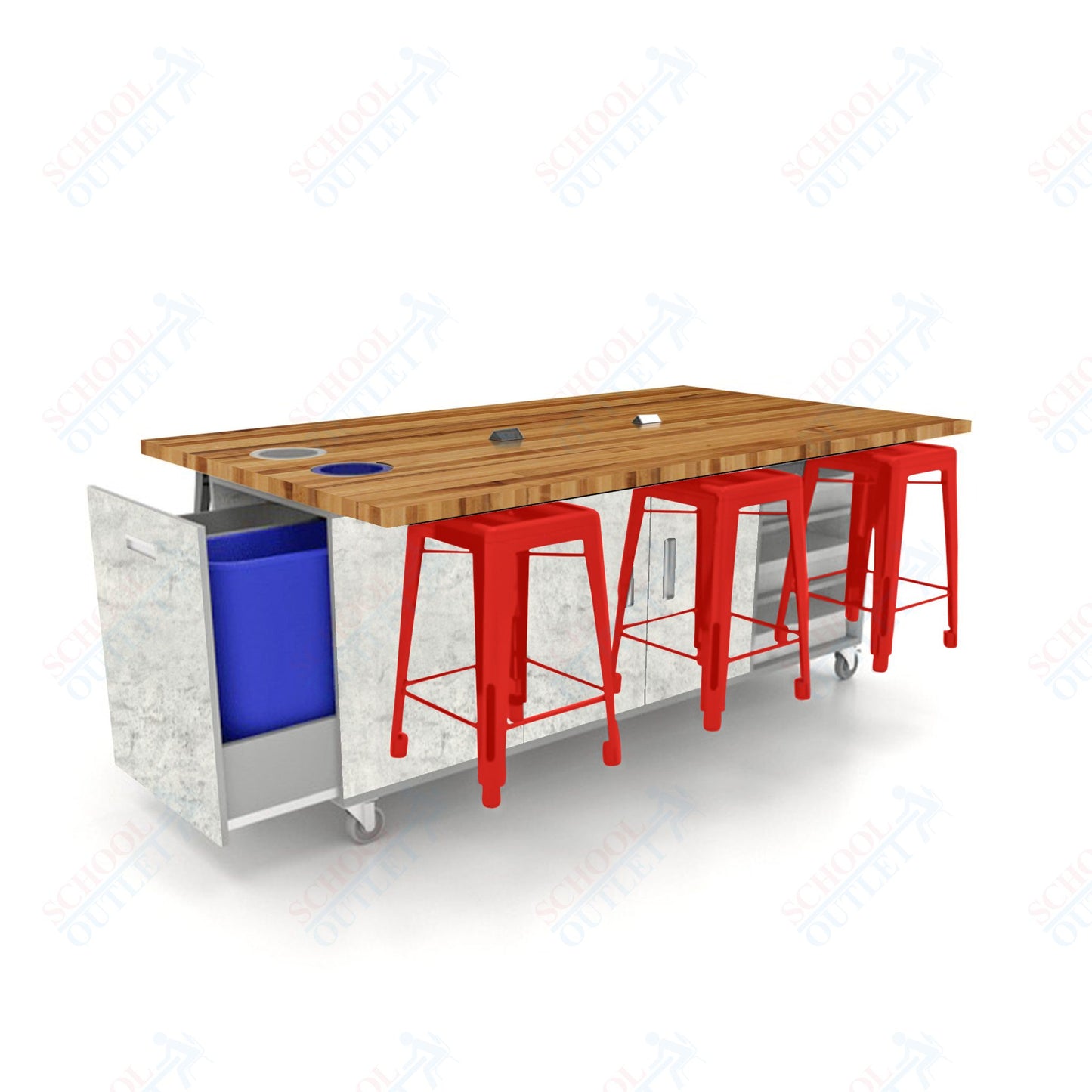 CEF ED Original Table 36"H Butcher Block Top, Laminate Base with  6 Stools, Storage Bins, Trash Bins, and Electrical Outlets Included.
