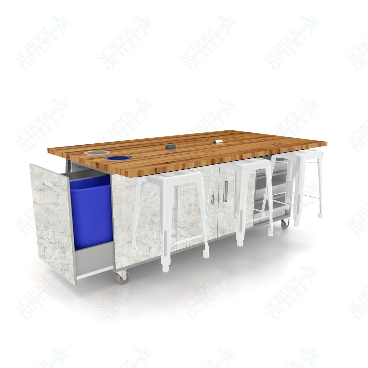 CEF ED Original Table 36"H Butcher Block Top, Laminate Base with  6 Stools, Storage Bins, Trash Bins, and Electrical Outlets Included.
