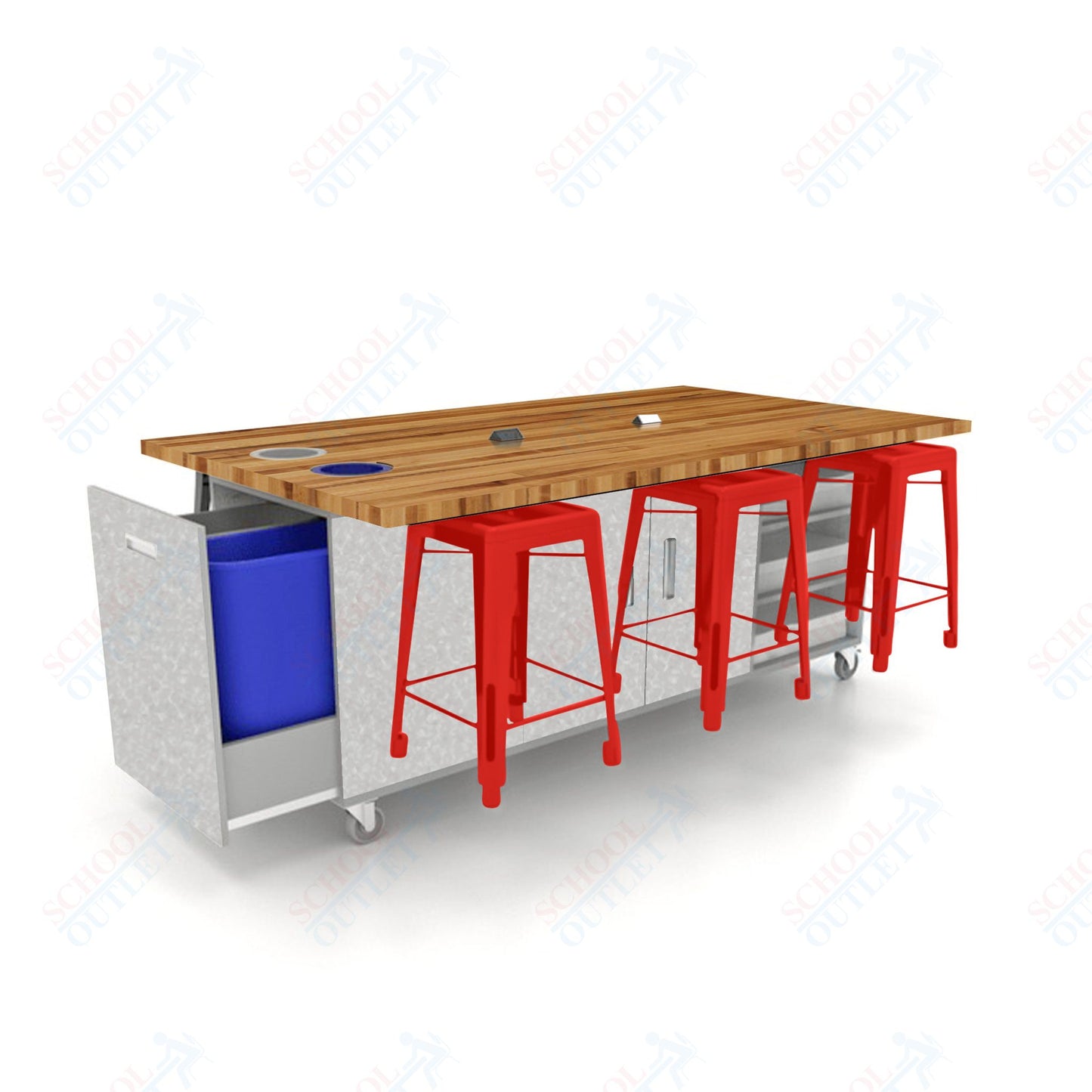 CEF ED Original Table 36"H Butcher Block Top, Laminate Base with  6 Stools, Storage Bins, Trash Bins, and Electrical Outlets Included.