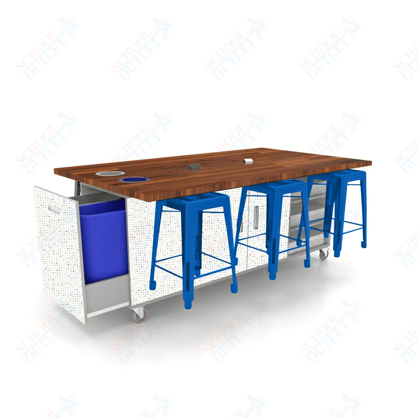 CEF ED Original Table 36"H Butcher Block Top, Laminate Base with  6 Stools, Storage Bins, Trash Bins, and Electrical Outlets Included.