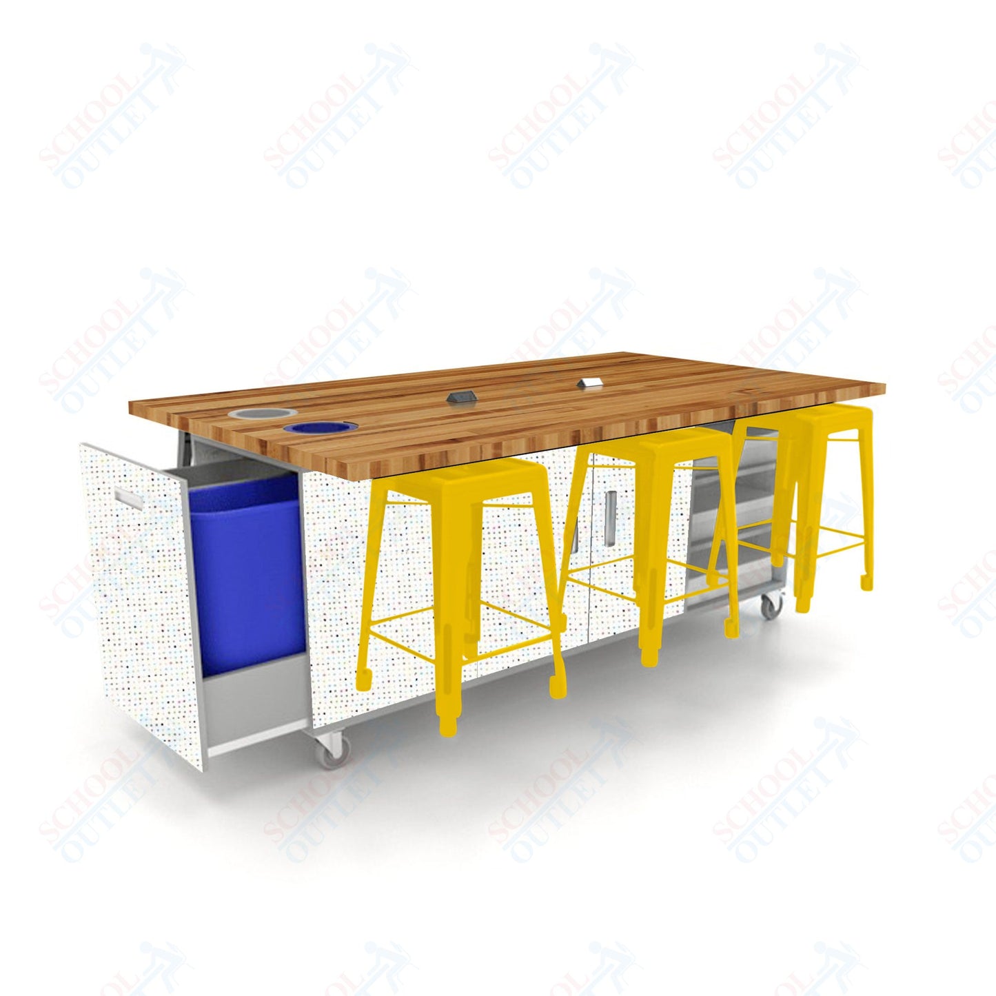 CEF ED Original Table 36"H Butcher Block Top, Laminate Base with  6 Stools, Storage Bins, Trash Bins, and Electrical Outlets Included.