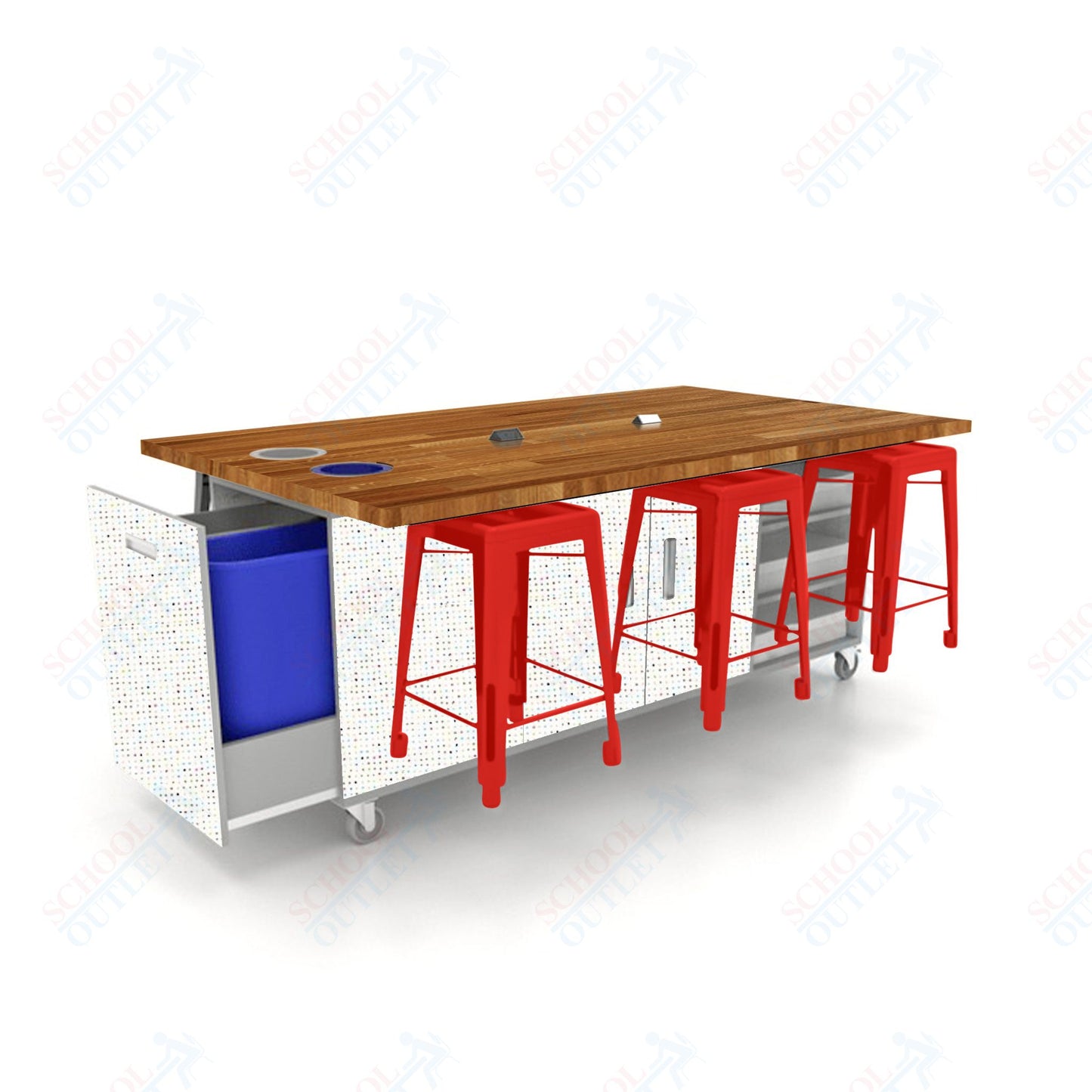 CEF ED Original Table 36"H Butcher Block Top, Laminate Base with  6 Stools, Storage Bins, Trash Bins, and Electrical Outlets Included.