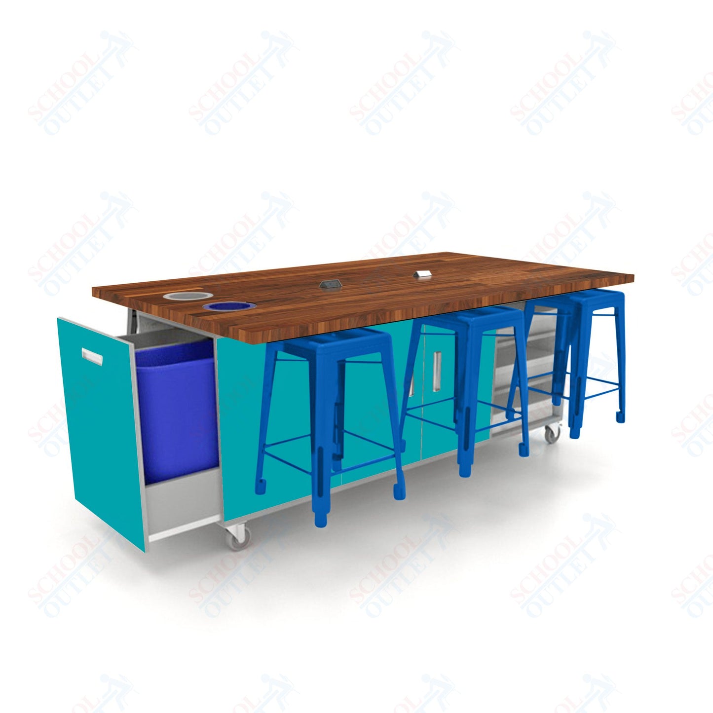 CEF ED Original Table 36"H Butcher Block Top, Laminate Base with  6 Stools, Storage Bins, Trash Bins, and Electrical Outlets Included.