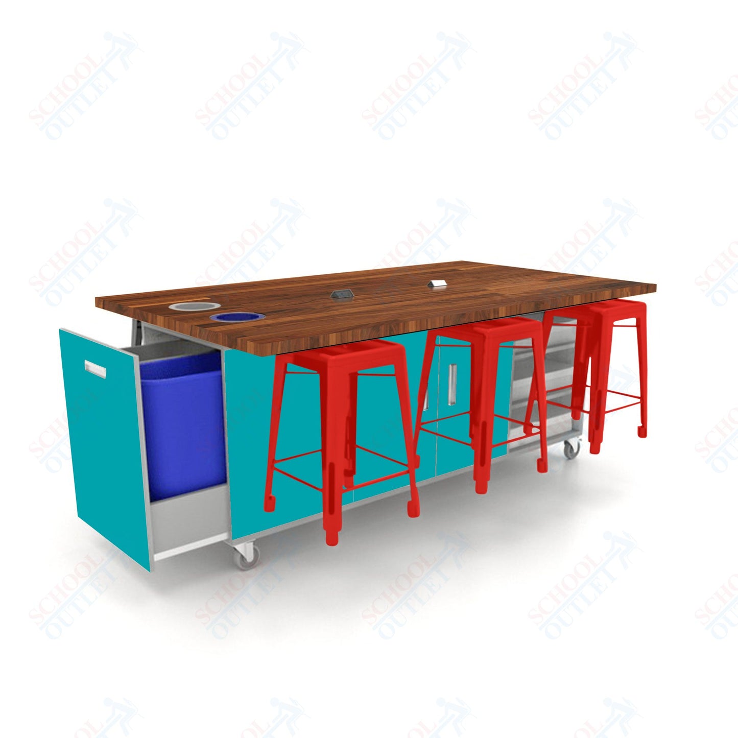 CEF ED Original Table 36"H Butcher Block Top, Laminate Base with  6 Stools, Storage Bins, Trash Bins, and Electrical Outlets Included.