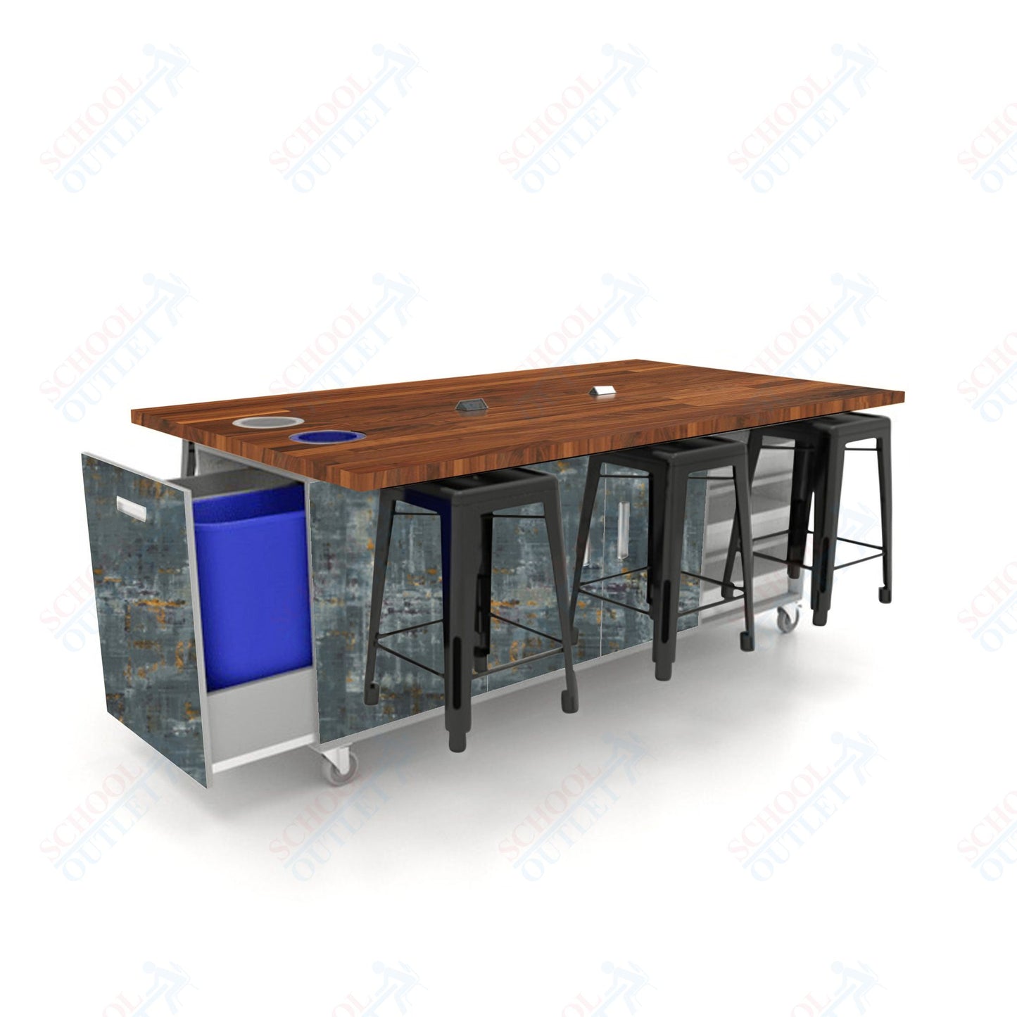 CEF ED Original Table 36"H Butcher Block Top, Laminate Base with  6 Stools, Storage Bins, Trash Bins, and Electrical Outlets Included.