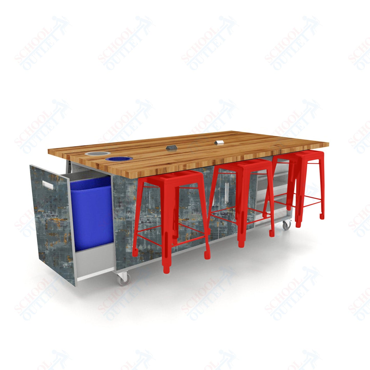 CEF ED Original Table 36"H Butcher Block Top, Laminate Base with  6 Stools, Storage Bins, Trash Bins, and Electrical Outlets Included.
