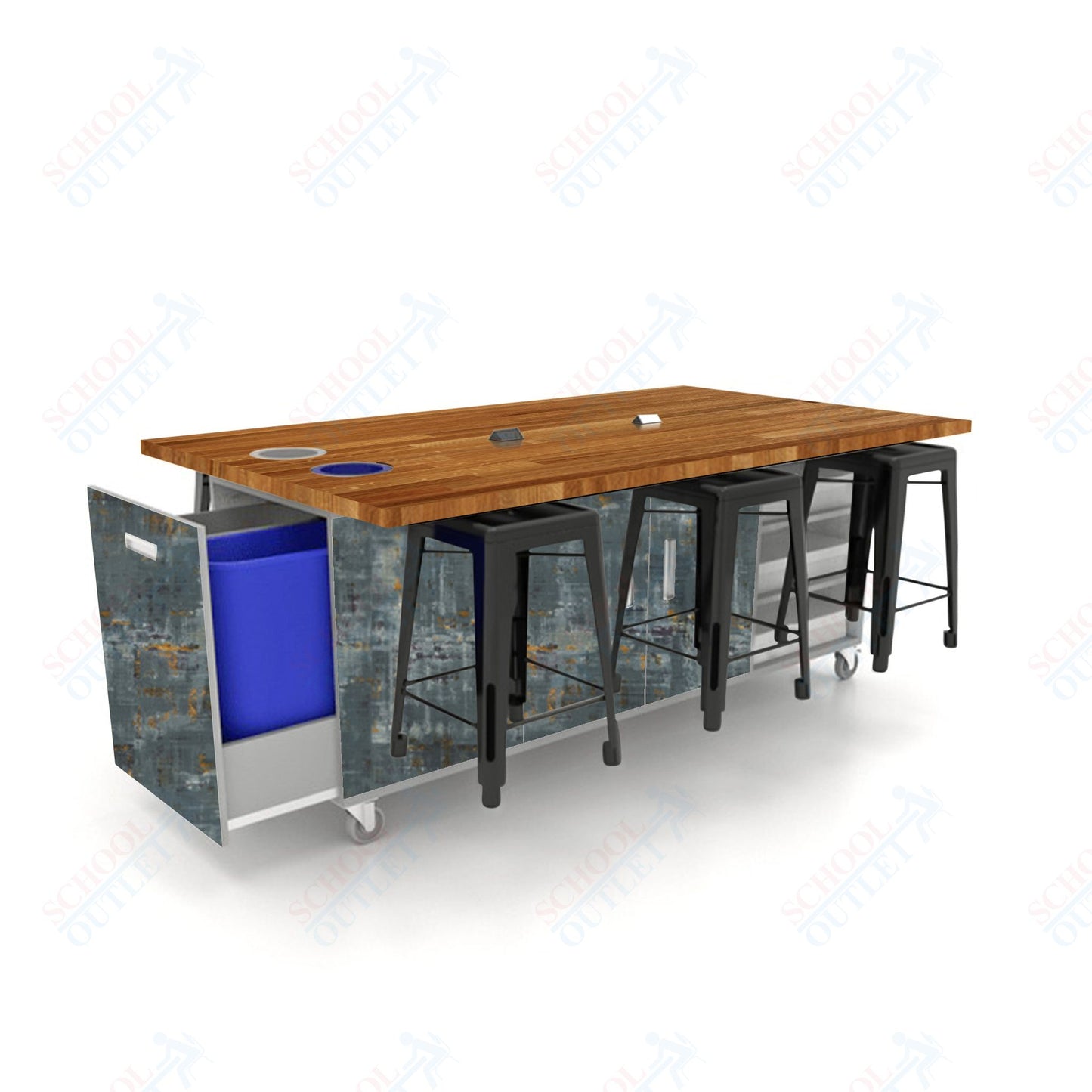 CEF ED Original Table 36"H Butcher Block Top, Laminate Base with  6 Stools, Storage Bins, Trash Bins, and Electrical Outlets Included.