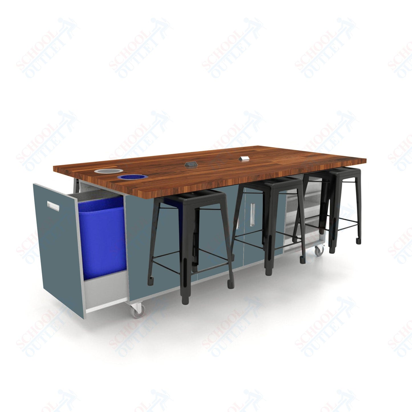 CEF ED Original Table 36"H Butcher Block Top, Laminate Base with  6 Stools, Storage Bins, Trash Bins, and Electrical Outlets Included.