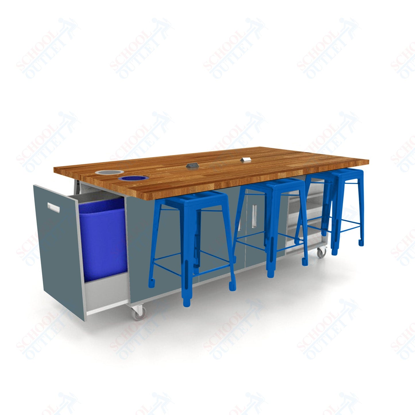 CEF ED Original Table 36"H Butcher Block Top, Laminate Base with  6 Stools, Storage Bins, Trash Bins, and Electrical Outlets Included.