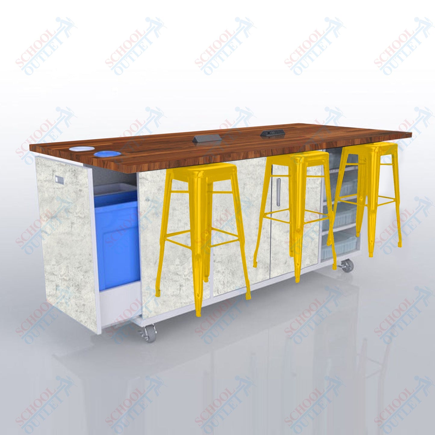 CEF ED Original Table 42"H Butcher Block Top, Laminate Base with  6 Stools, Storage Bins, Trash Bins, and Electrical Outlets Included.