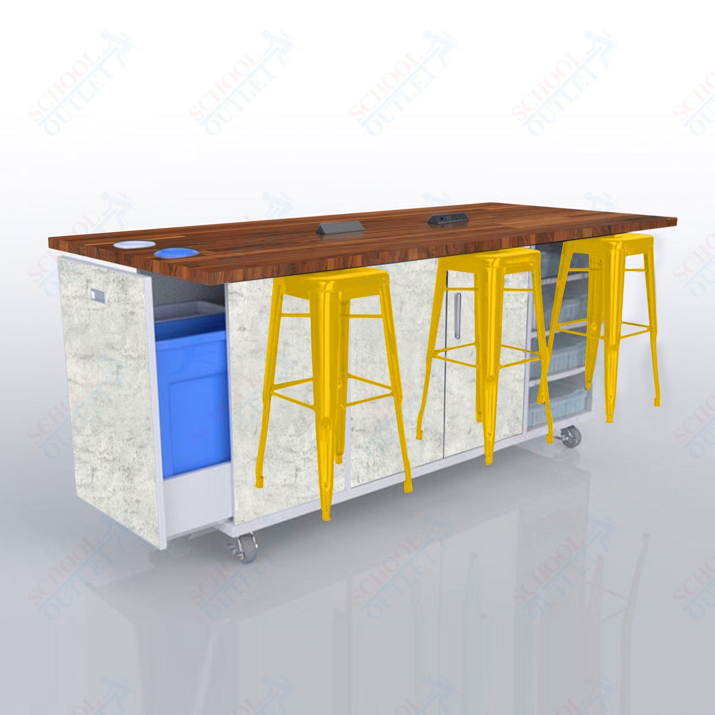 CEF ED Original Table 42"H Butcher Block Top, Laminate Base with  6 Stools, Storage Bins, Trash Bins, and Electrical Outlets Included.