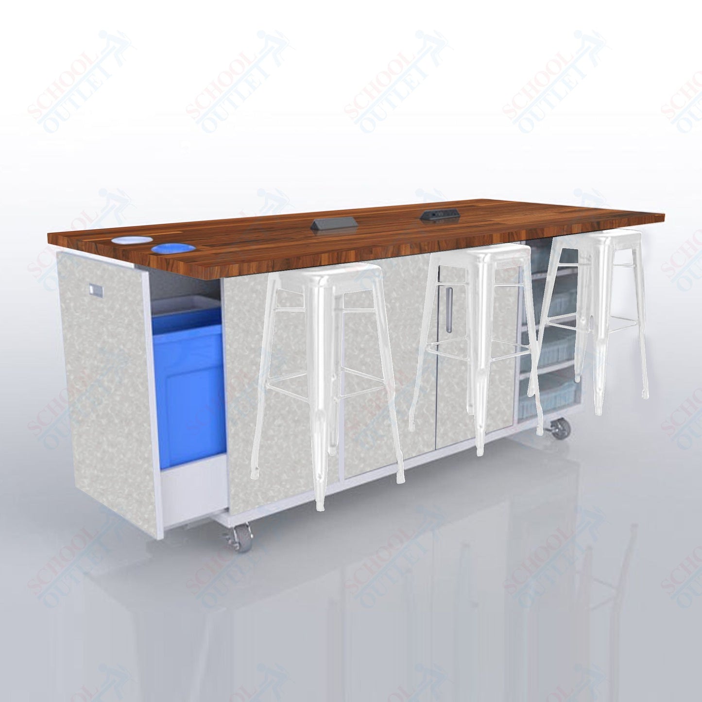 CEF ED Original Table 42"H Butcher Block Top, Laminate Base with  6 Stools, Storage Bins, Trash Bins, and Electrical Outlets Included.