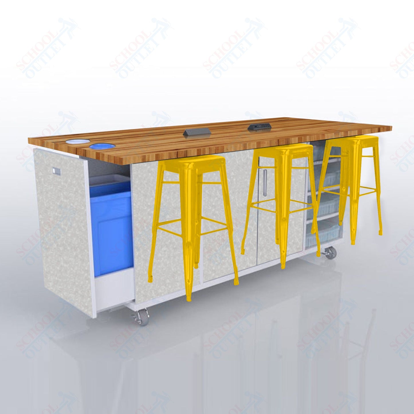 CEF ED Original Table 42"H Butcher Block Top, Laminate Base with  6 Stools, Storage Bins, Trash Bins, and Electrical Outlets Included.