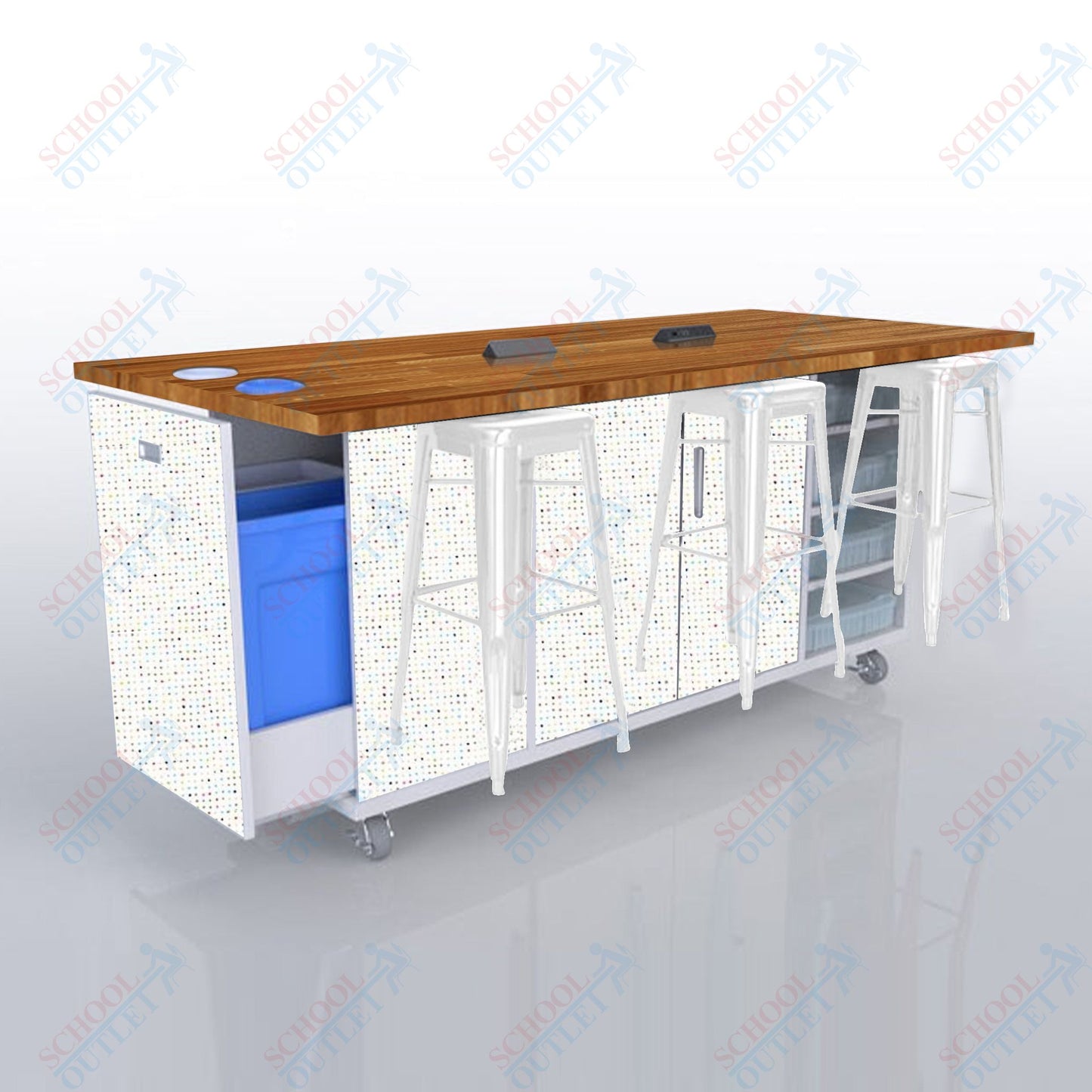 CEF ED Original Table 42"H Butcher Block Top, Laminate Base with  6 Stools, Storage Bins, Trash Bins, and Electrical Outlets Included.