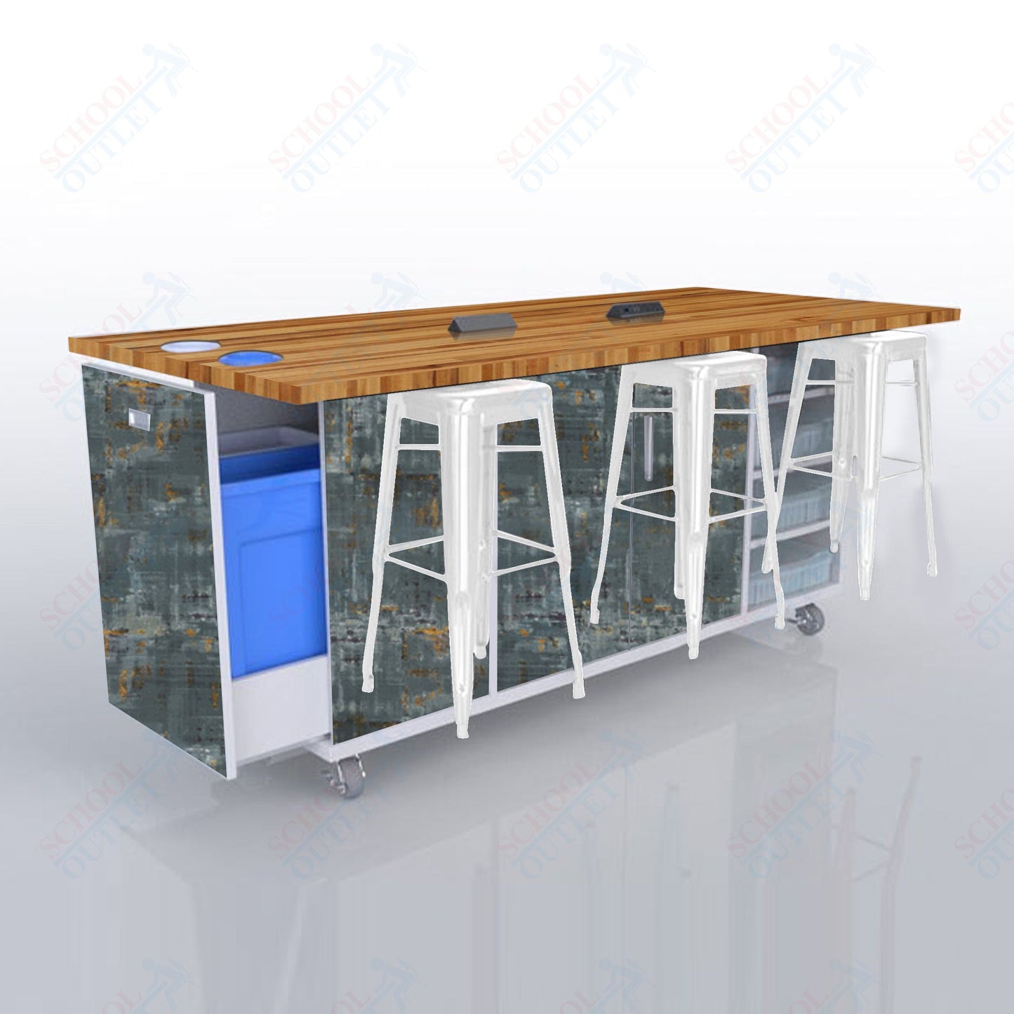 CEF ED Original Table 42"H Butcher Block Top, Laminate Base with  6 Stools, Storage Bins, Trash Bins, and Electrical Outlets Included.