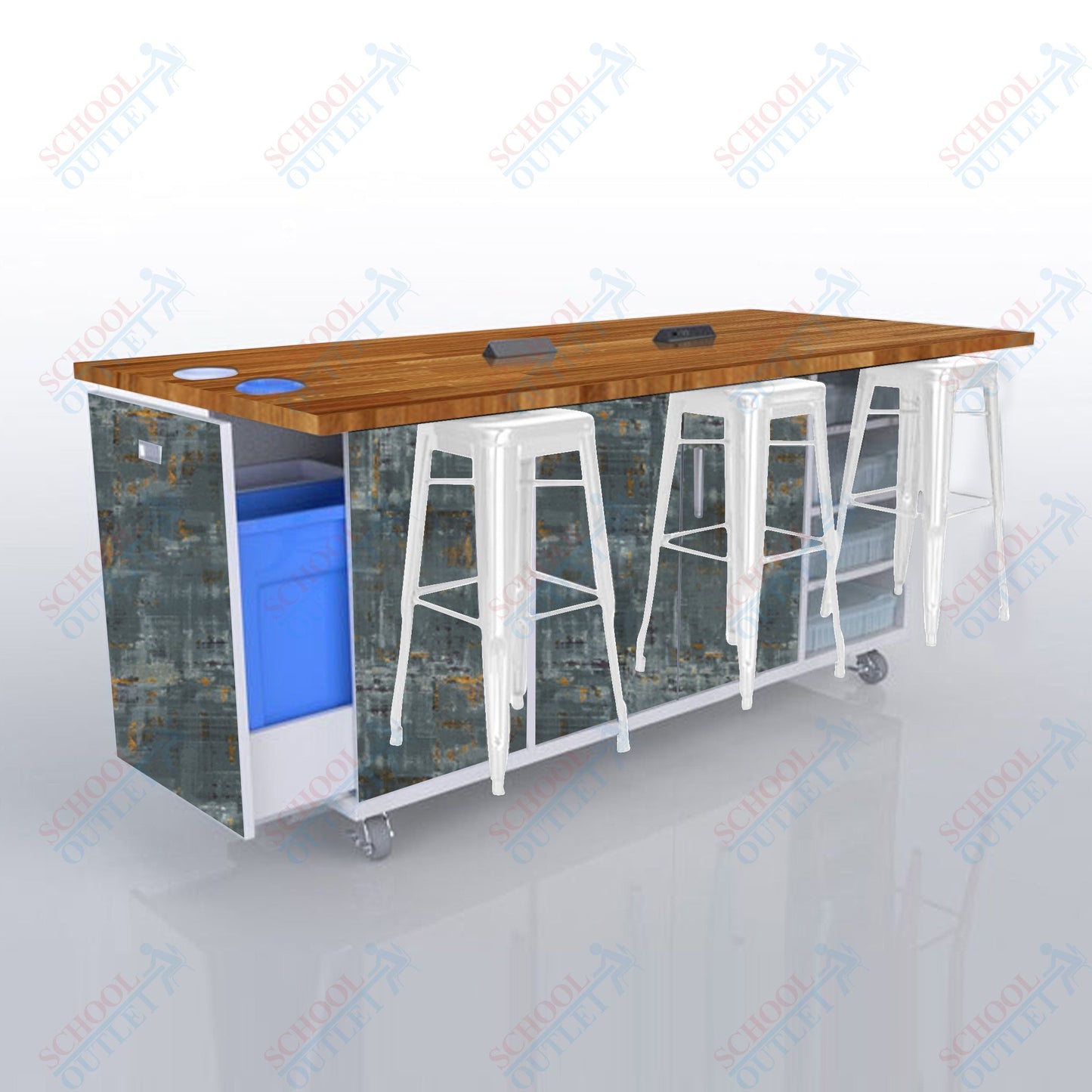CEF ED Original Table 42"H Butcher Block Top, Laminate Base with  6 Stools, Storage Bins, Trash Bins, and Electrical Outlets Included.