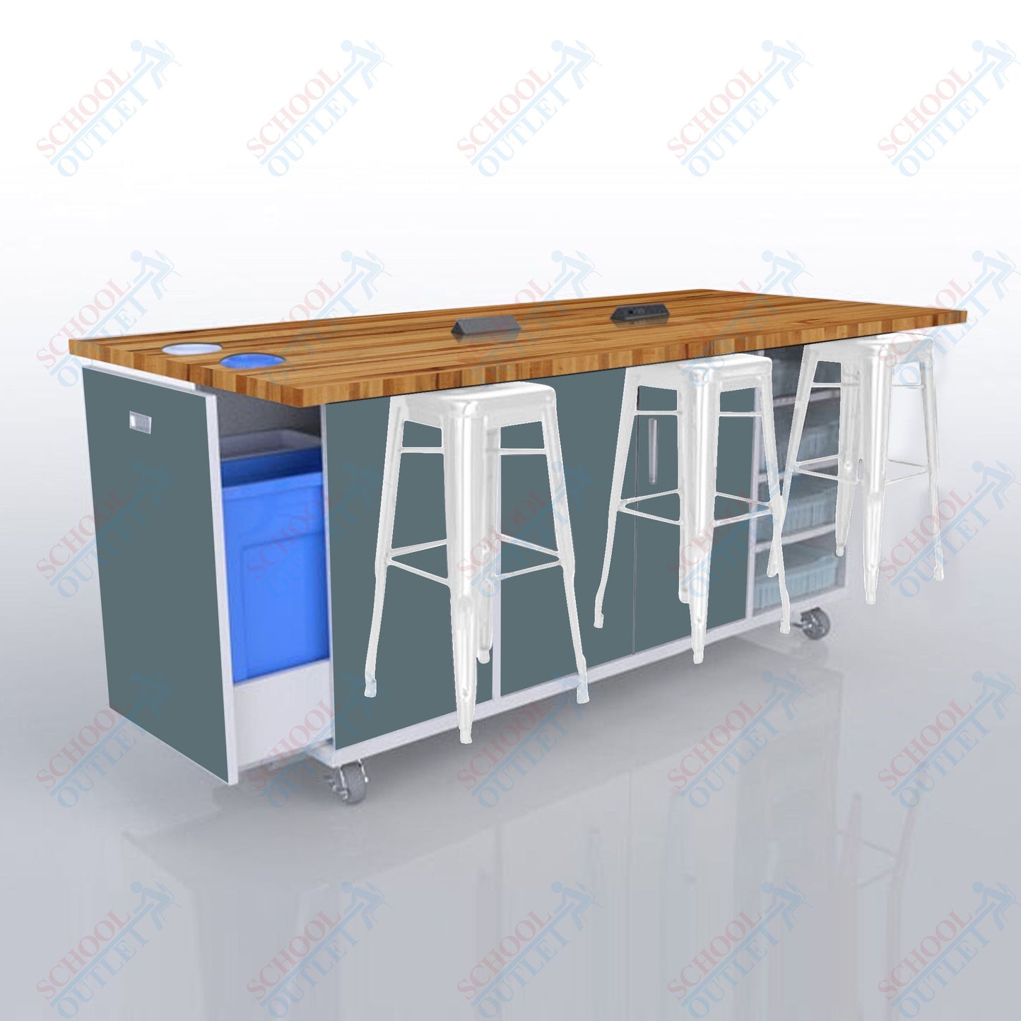 CEF ED Original Table 42"H Butcher Block Top, Laminate Base with  6 Stools, Storage Bins, Trash Bins, and Electrical Outlets Included.