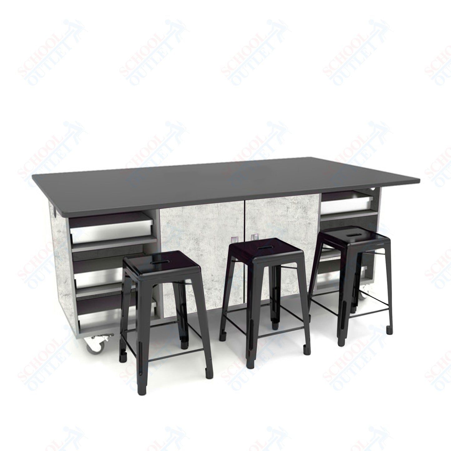 CEF ED Double Table 36"H Chemical Resistant Top, Laminate Base with  6 Stools, Storage bins, and Electrical Outlets Included.
