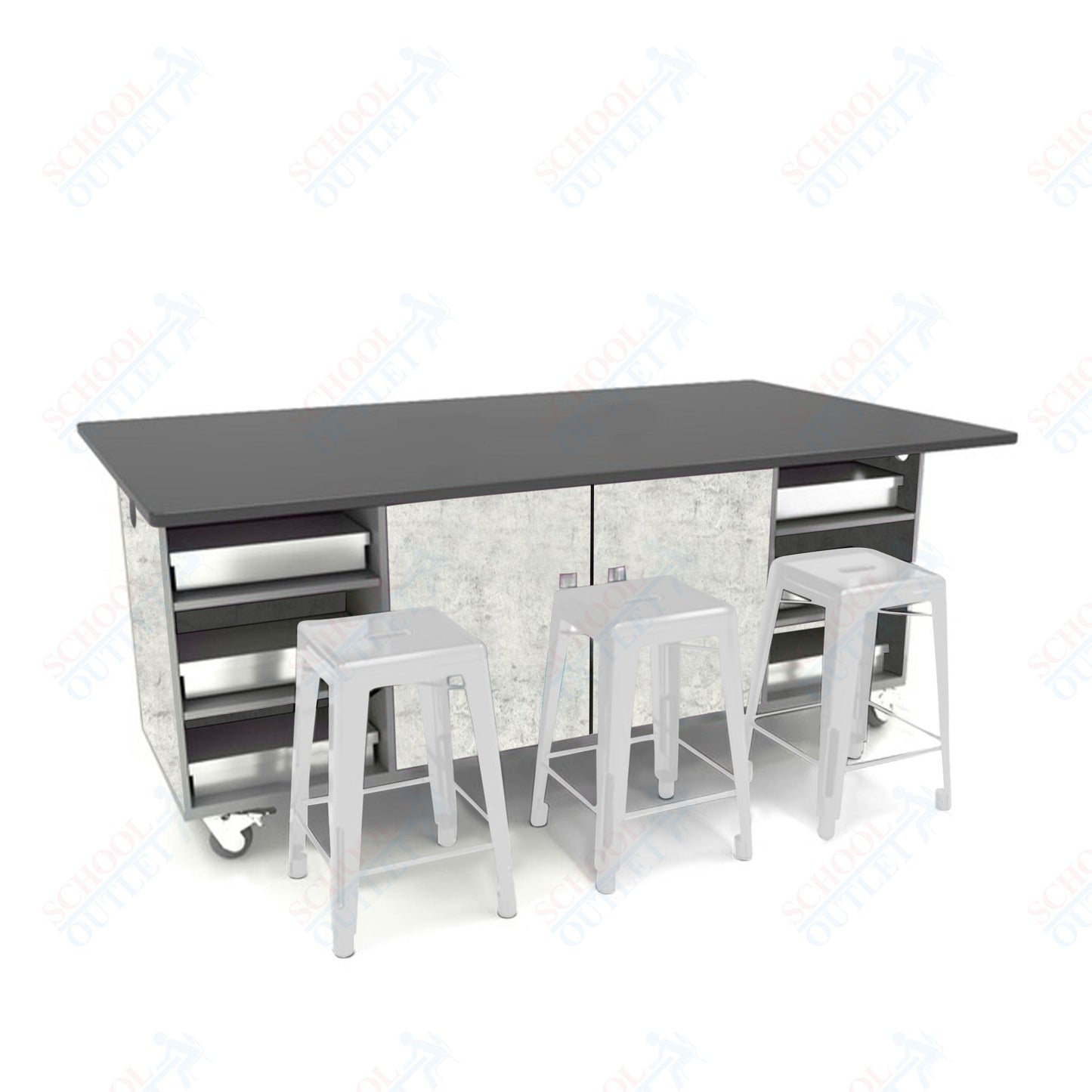 CEF ED Double Table 36"H Chemical Resistant Top, Laminate Base with  6 Stools, Storage bins, and Electrical Outlets Included.