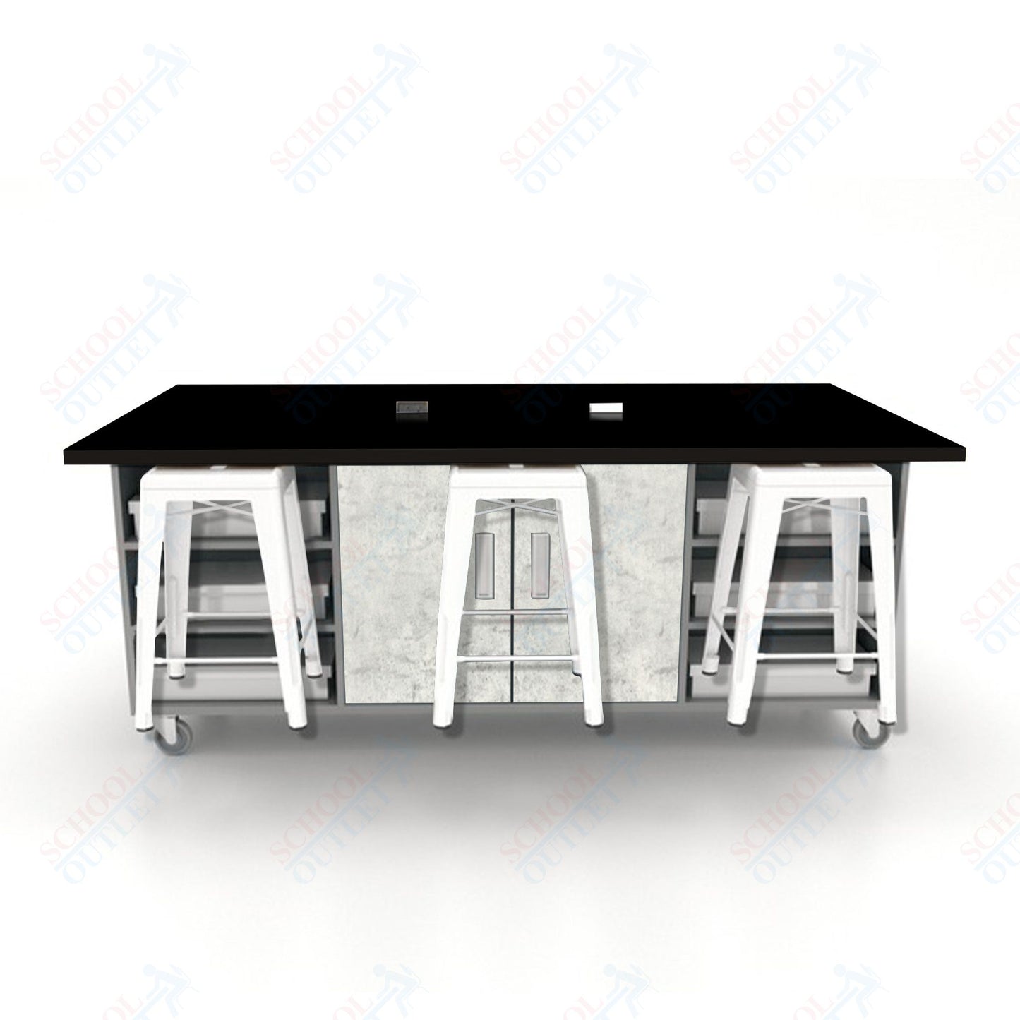 CEF ED Double Table 36"H High Pressure Laminate Top, Laminate Base with  6 Stools, Storage bins, and Electrical Outlets Included.