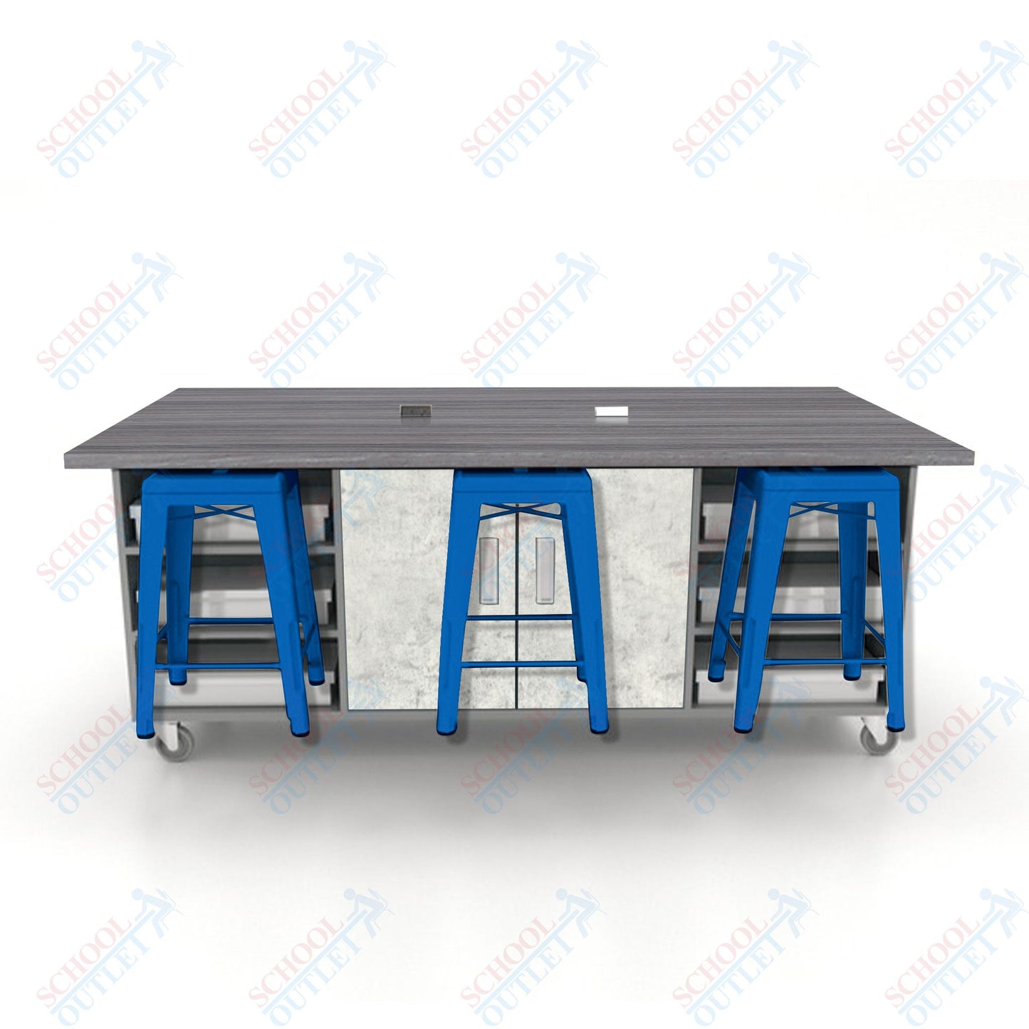CEF ED Double Table 36"H High Pressure Laminate Top, Laminate Base with  6 Stools, Storage bins, and Electrical Outlets Included.