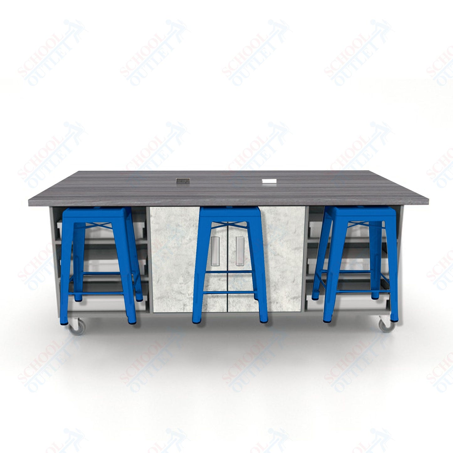 CEF ED Double Table 36"H High Pressure Laminate Top, Laminate Base with  6 Stools, Storage bins, and Electrical Outlets Included.