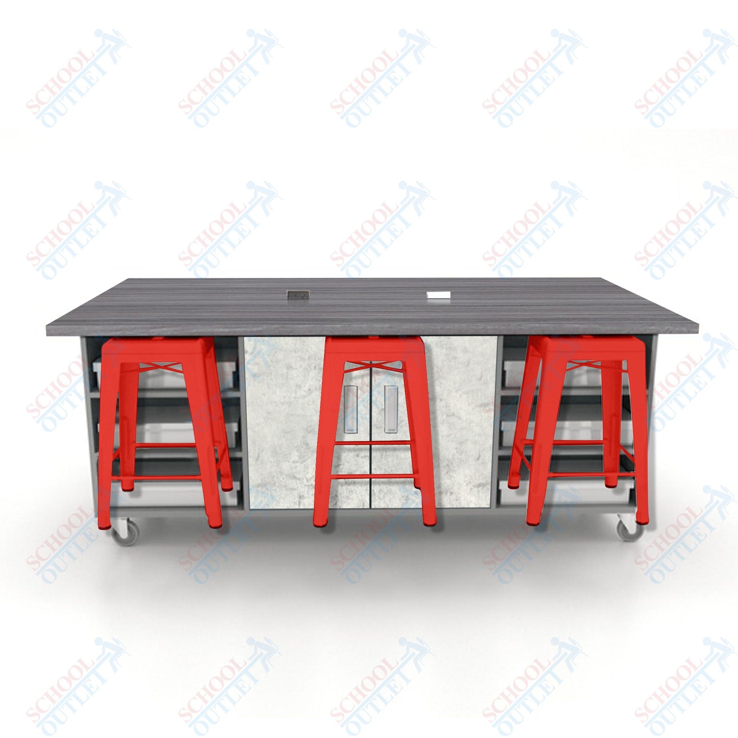 CEF ED Double Table 36"H High Pressure Laminate Top, Laminate Base with  6 Stools, Storage bins, and Electrical Outlets Included.