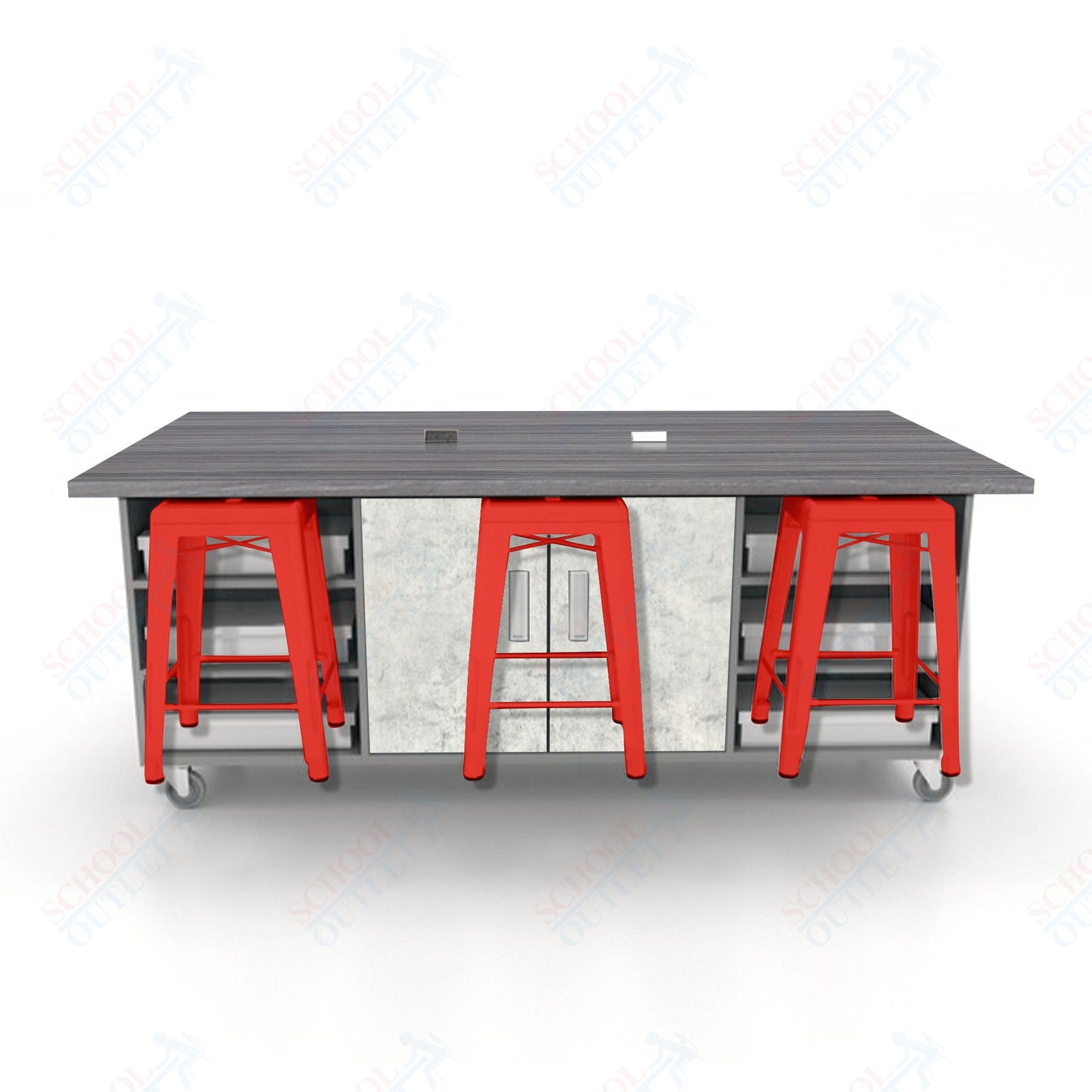 CEF ED Double Table 36"H High Pressure Laminate Top, Laminate Base with  6 Stools, Storage bins, and Electrical Outlets Included.