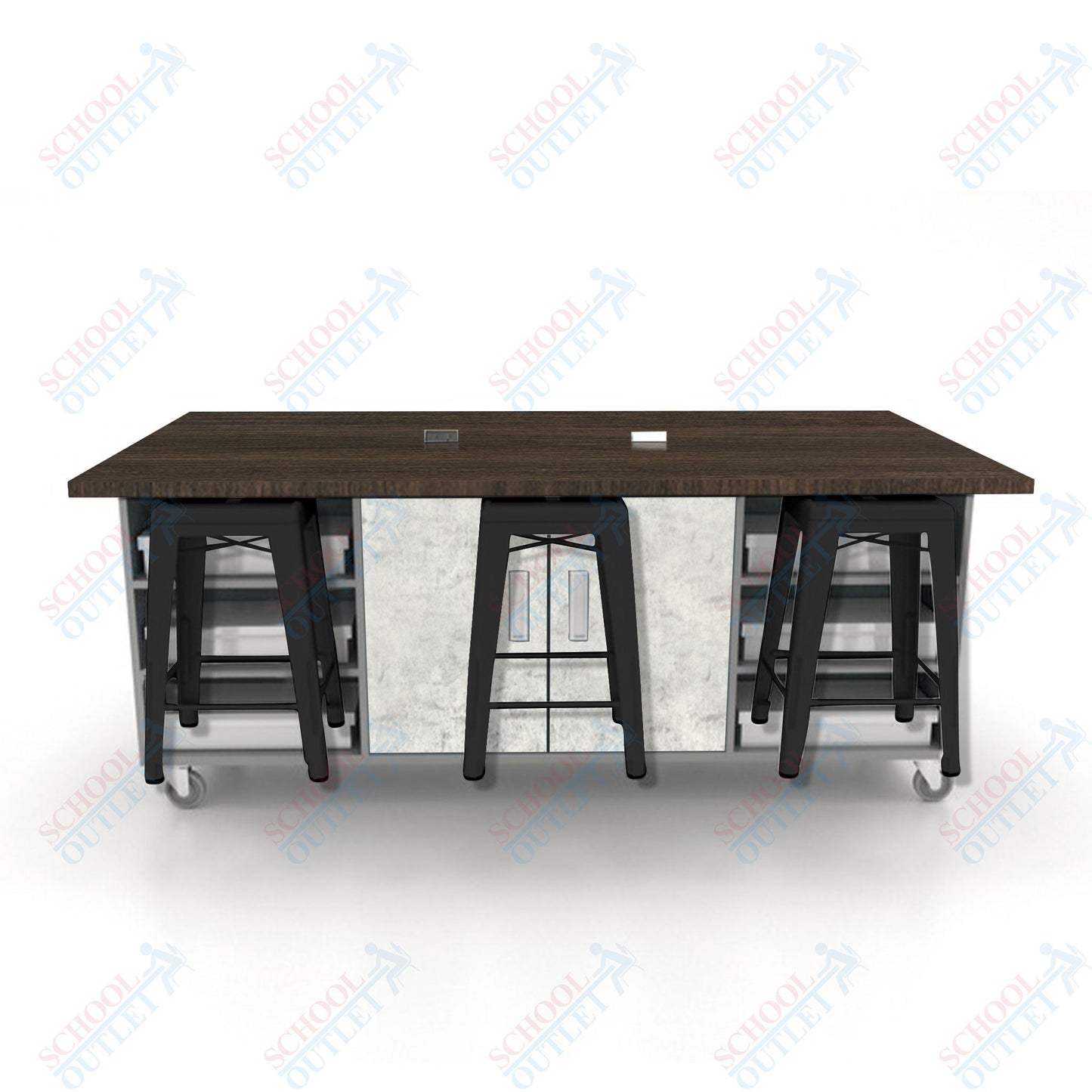 CEF ED Double Table 36"H High Pressure Laminate Top, Laminate Base with  6 Stools, Storage bins, and Electrical Outlets Included.