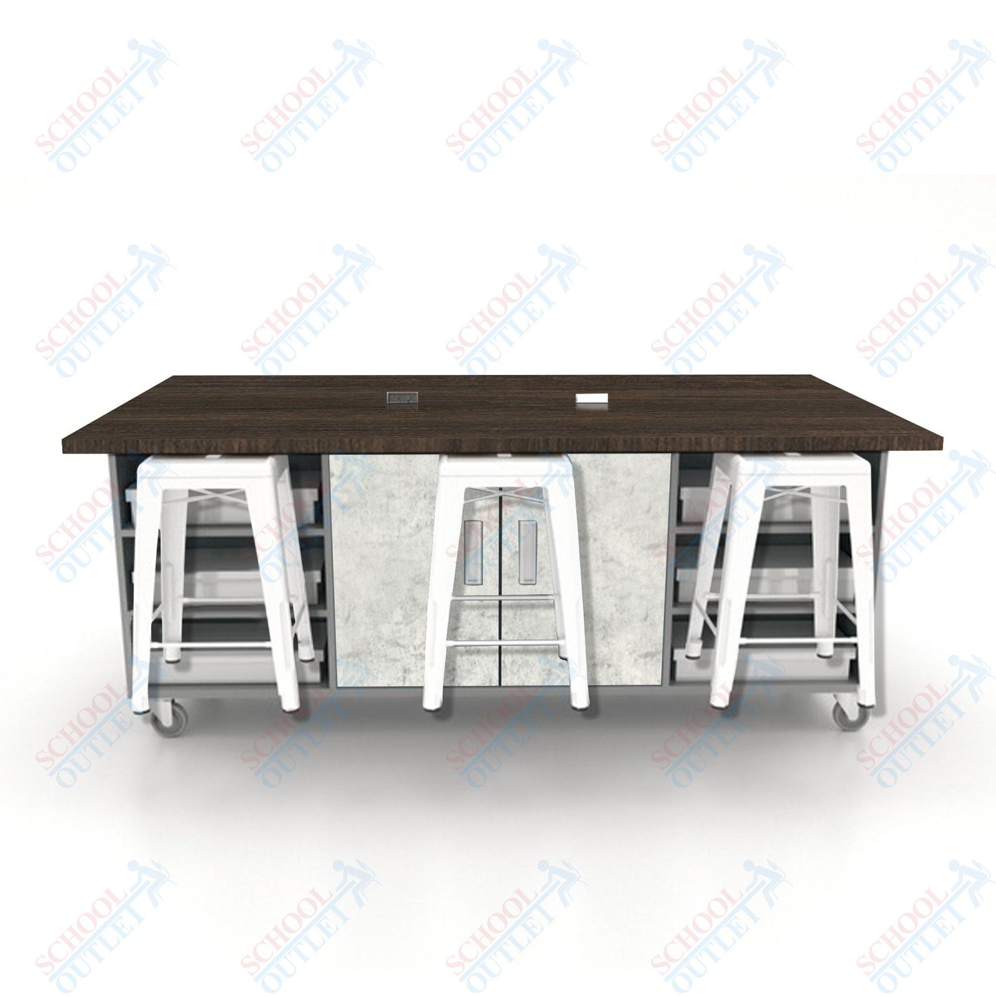 CEF ED Double Table 36"H High Pressure Laminate Top, Laminate Base with  6 Stools, Storage bins, and Electrical Outlets Included.