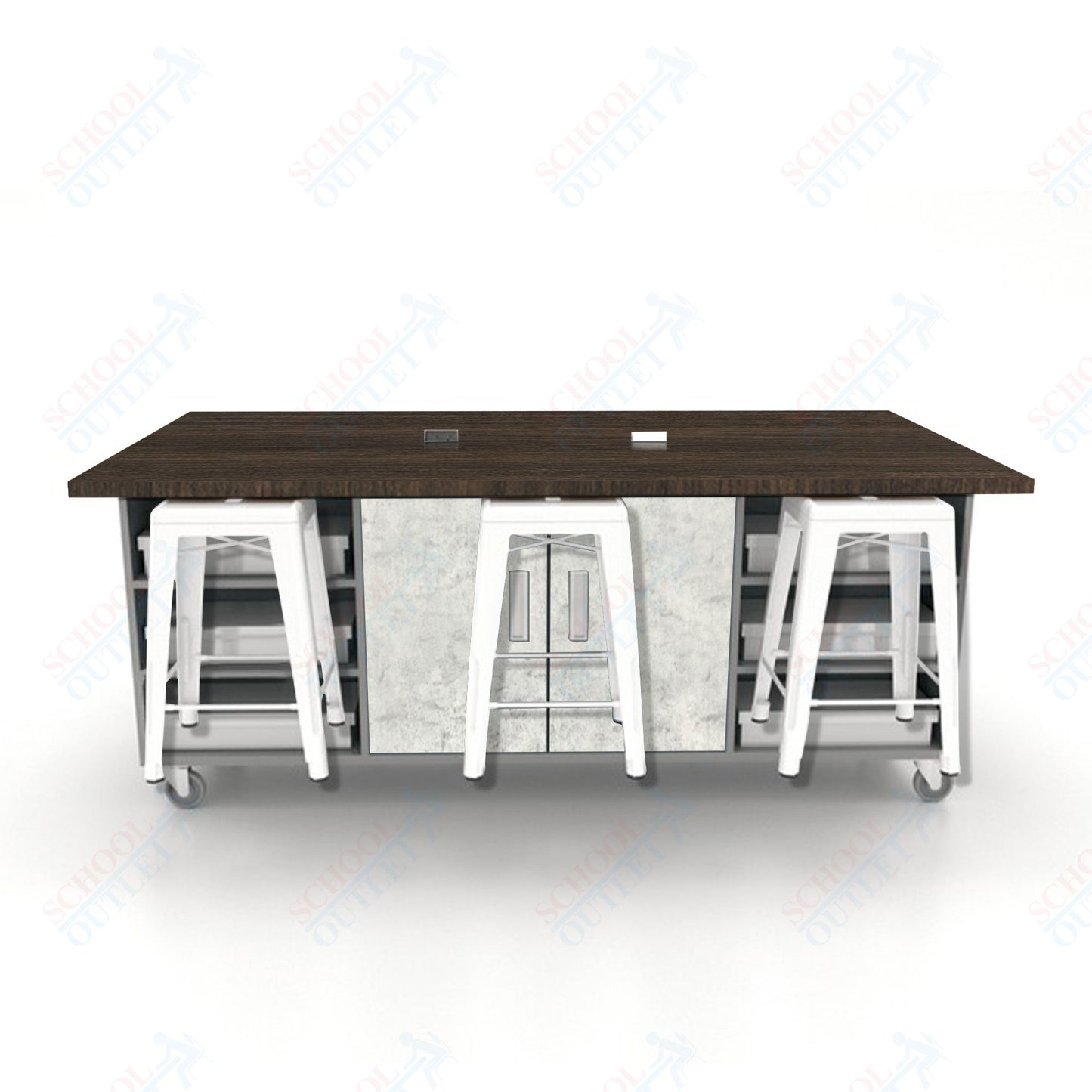 CEF ED Double Table 36"H High Pressure Laminate Top, Laminate Base with  6 Stools, Storage bins, and Electrical Outlets Included.