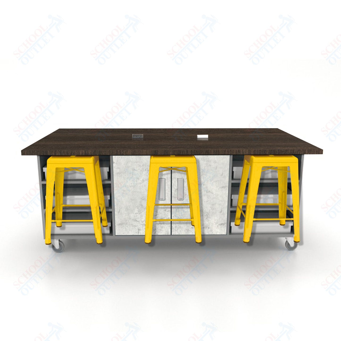 CEF ED Double Table 36"H High Pressure Laminate Top, Laminate Base with  6 Stools, Storage bins, and Electrical Outlets Included.