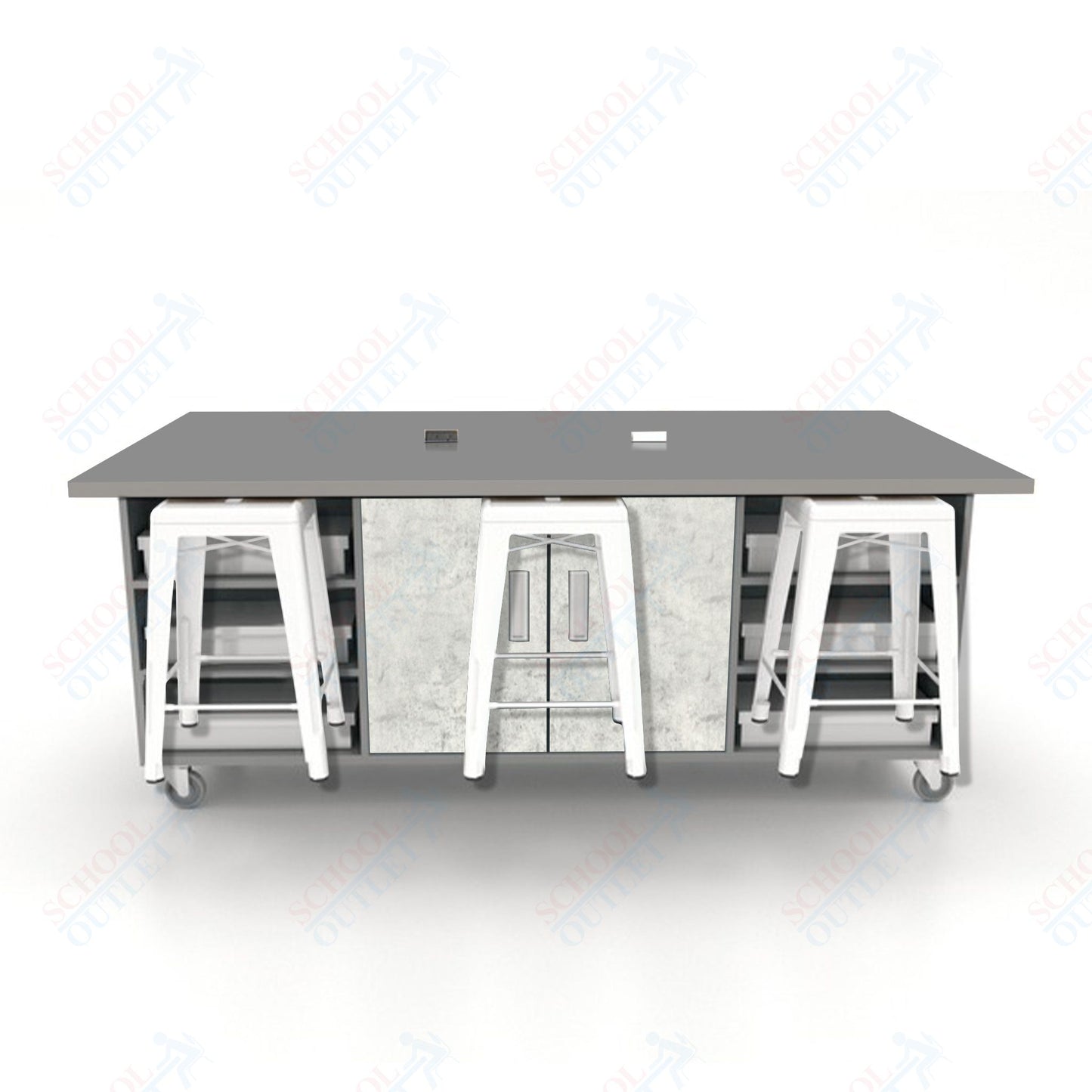 CEF ED Double Table 36"H High Pressure Laminate Top, Laminate Base with  6 Stools, Storage bins, and Electrical Outlets Included.