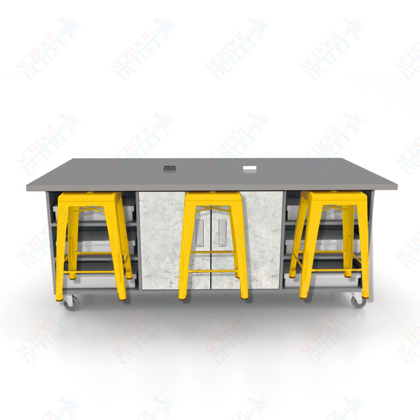 CEF ED Double Table 36"H High Pressure Laminate Top, Laminate Base with  6 Stools, Storage bins, and Electrical Outlets Included.