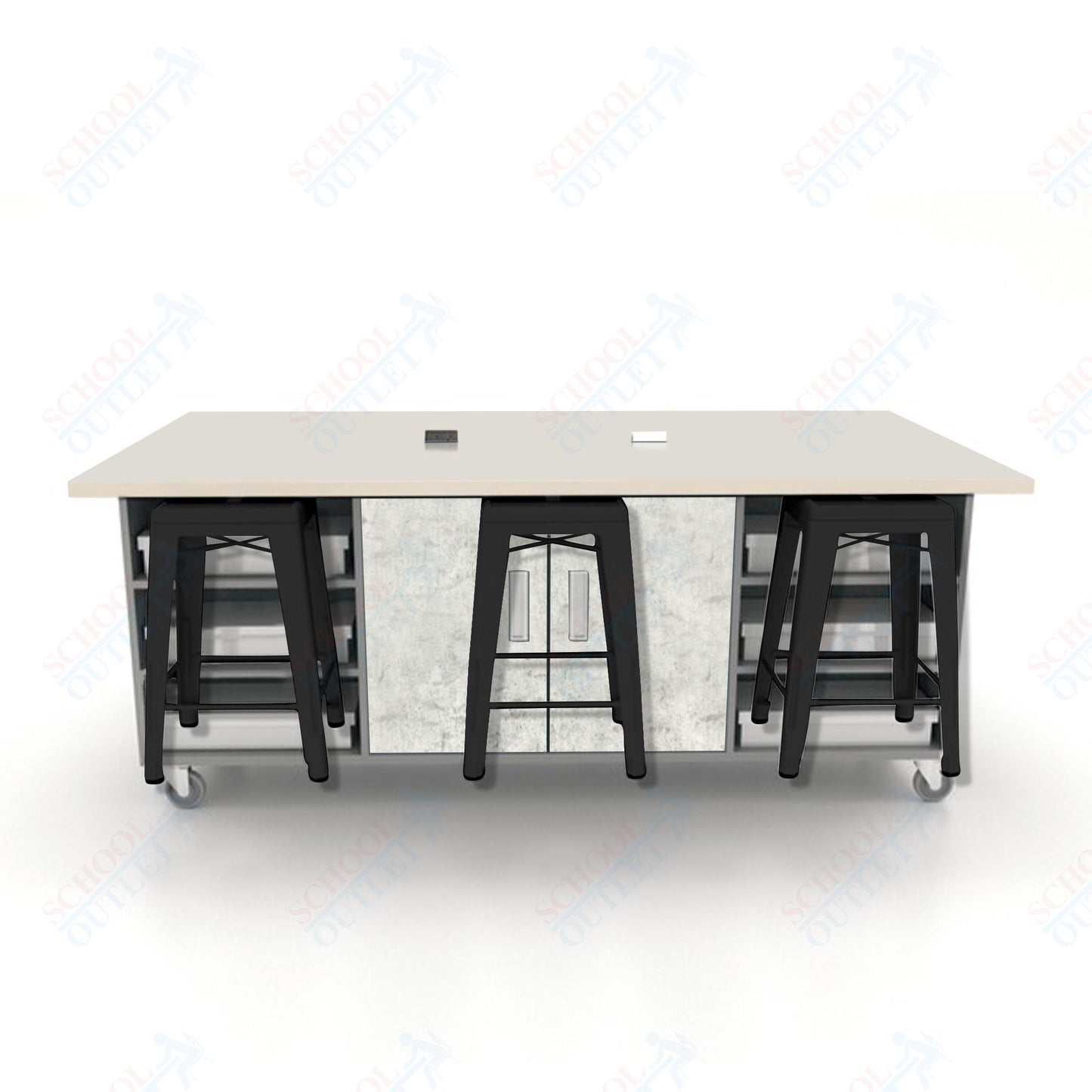 CEF ED Double Table 36"H High Pressure Laminate Top, Laminate Base with  6 Stools, Storage bins, and Electrical Outlets Included.