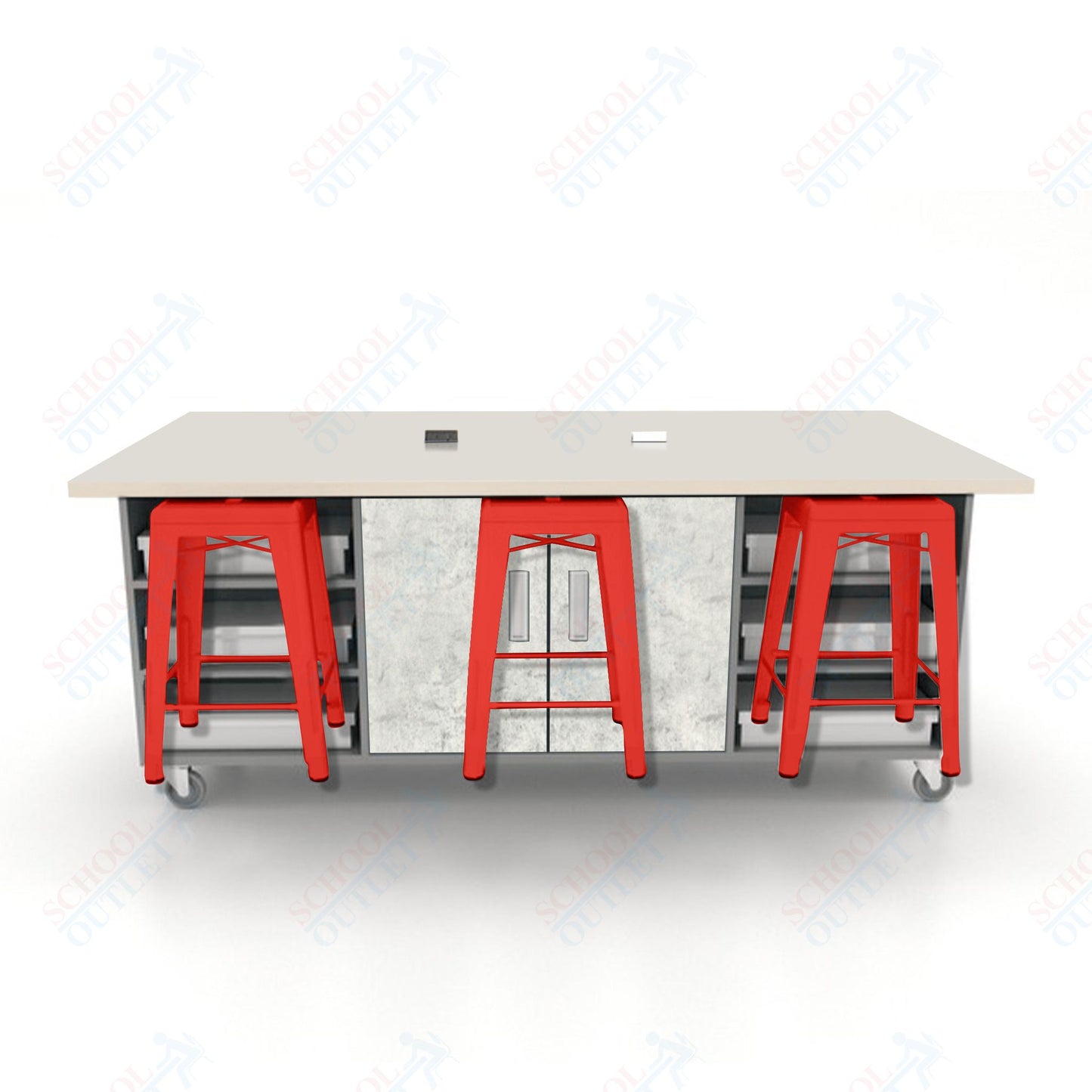 CEF ED Double Table 36"H High Pressure Laminate Top, Laminate Base with  6 Stools, Storage bins, and Electrical Outlets Included.