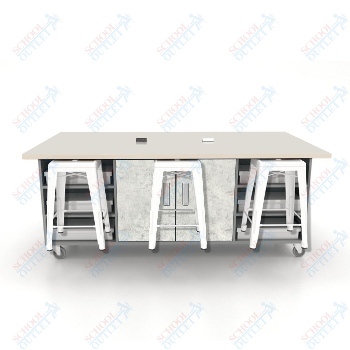 CEF ED Double Table 36"H High Pressure Laminate Top, Laminate Base with  6 Stools, Storage bins, and Electrical Outlets Included.