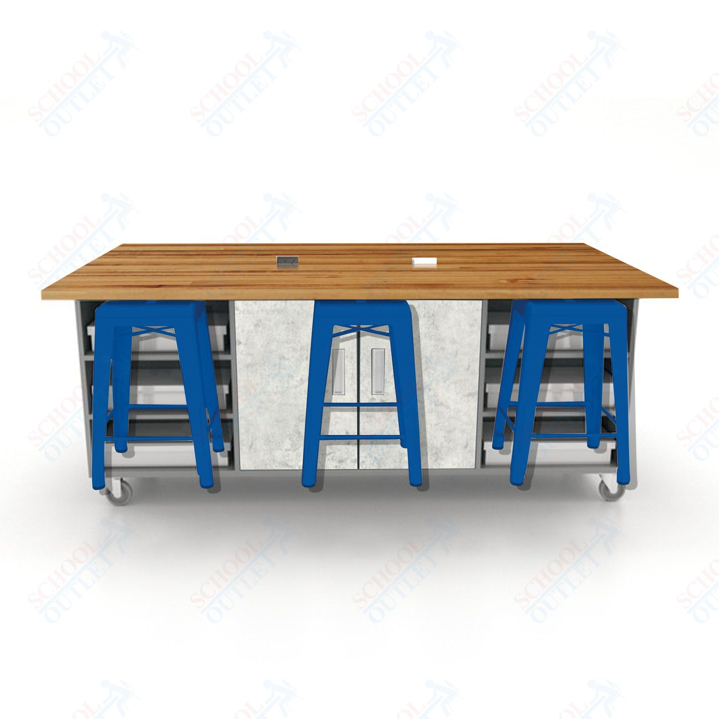 CEF ED Double Table 36"H Butcher Block Top, Laminate Base with  6 Stools, Storage bins, and Electrical Outlets Included.