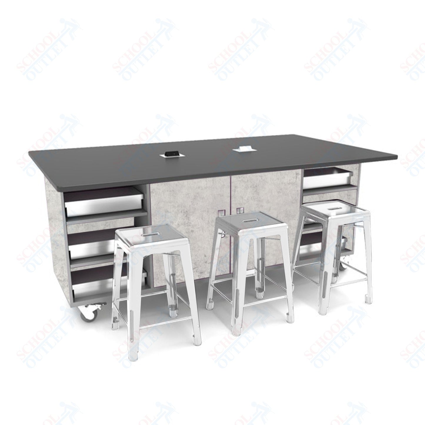 CEF ED Double Table 36"H Tough Top, Laminate Base with  6 Stools, Storage bins, and Electrical Outlets Included.