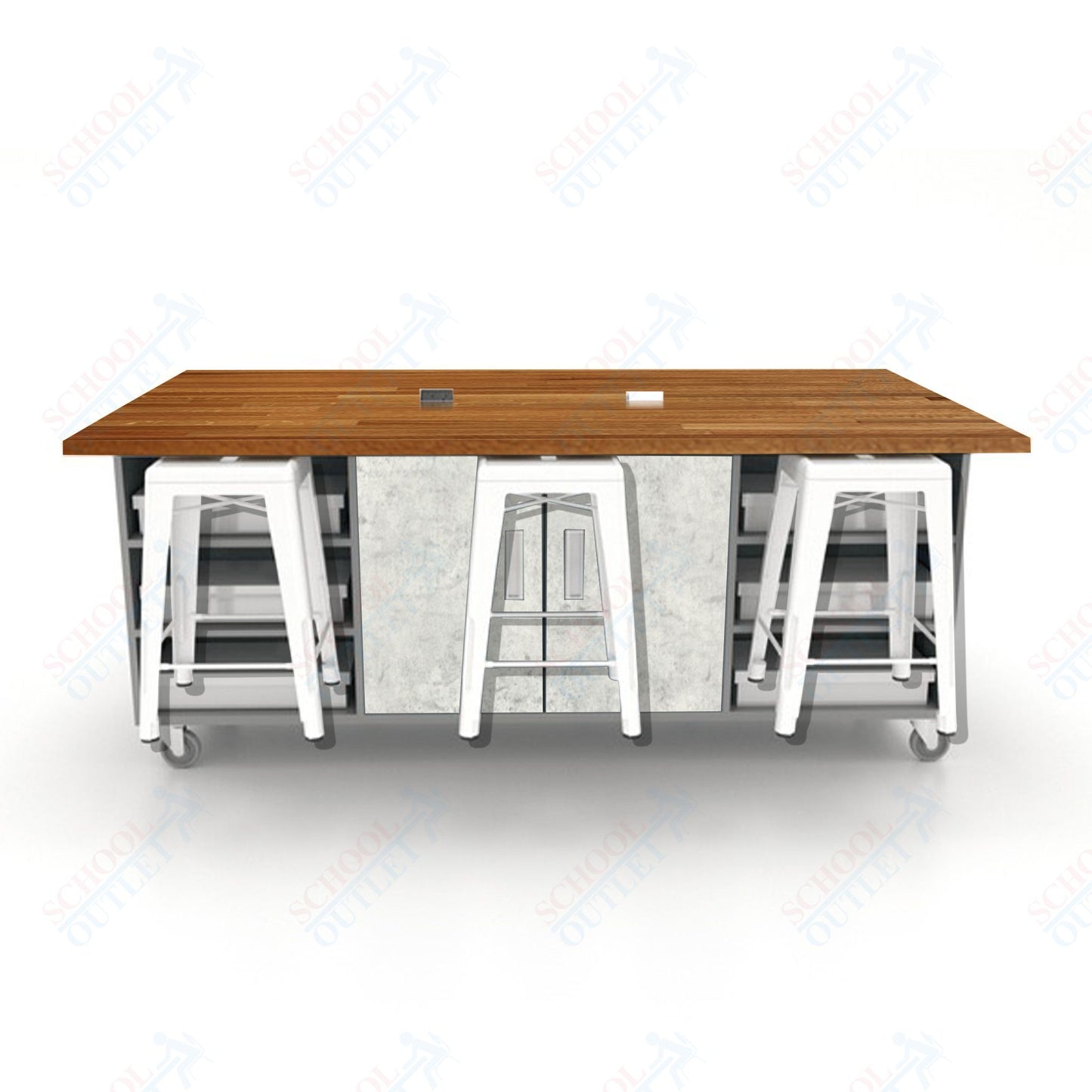 CEF ED Double Table 36"H Butcher Block Top, Laminate Base with  6 Stools, Storage bins, and Electrical Outlets Included.