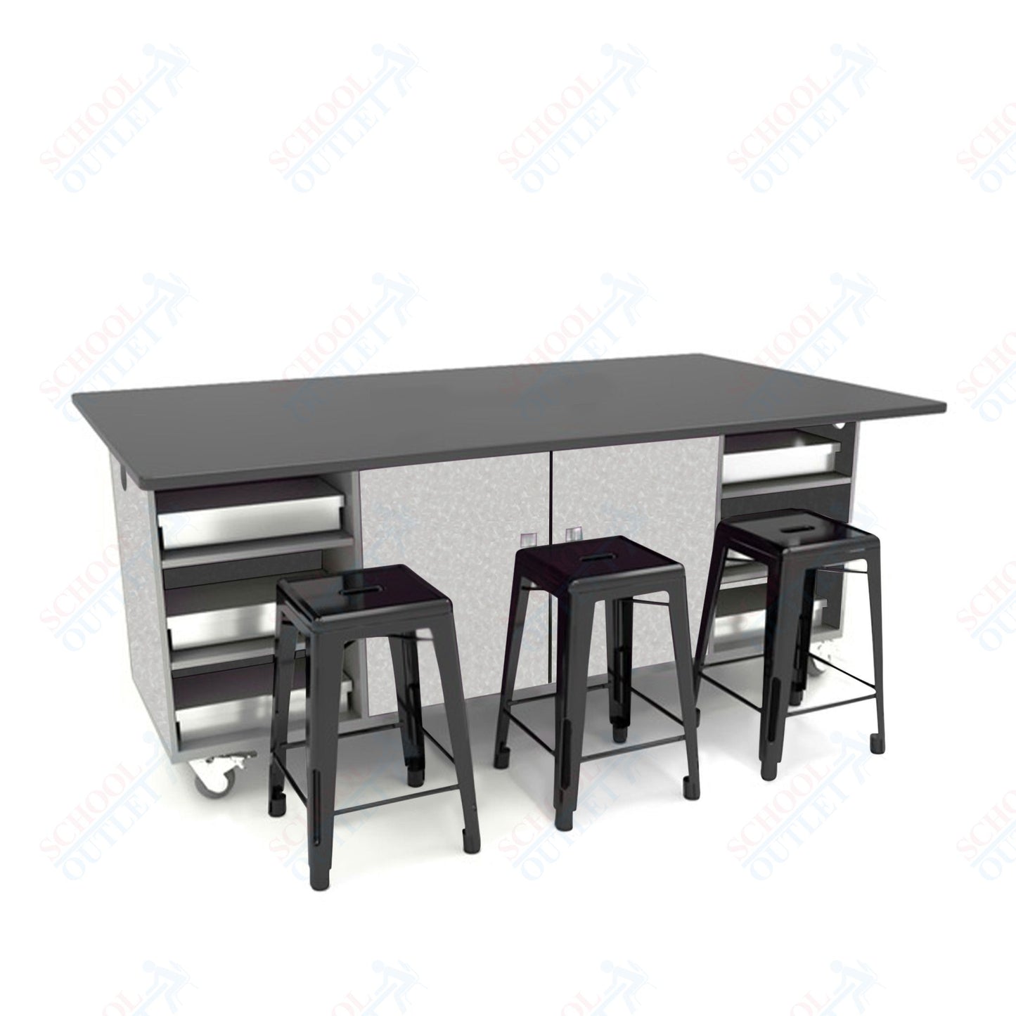CEF ED Double Table 36"H Chemical Resistant Top, Laminate Base with  6 Stools, Storage bins, and Electrical Outlets Included.